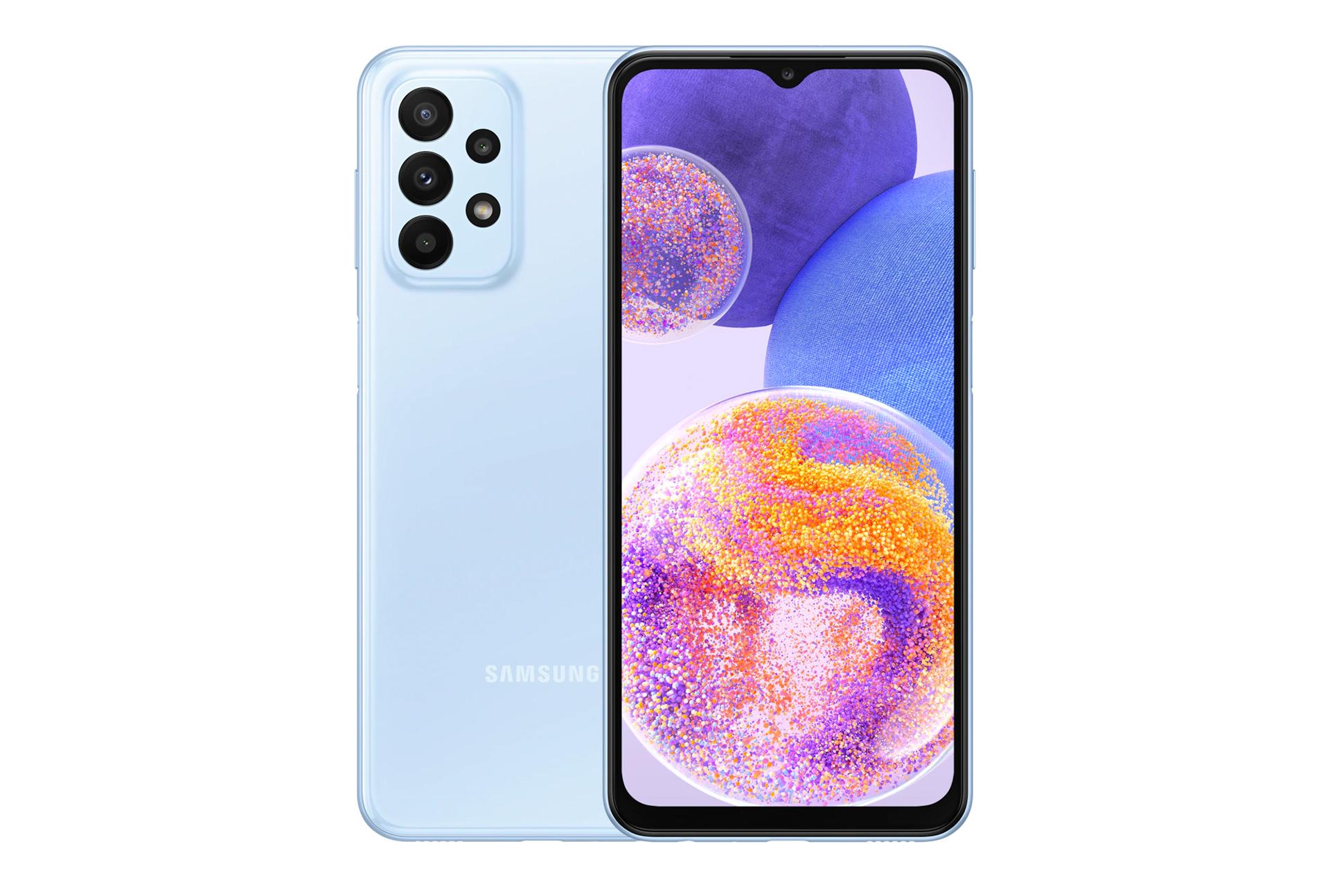 نمای کلی گوشی موبایل گلکسی A23 سامسونگ / Samsung Galaxy A23 با نمایشگر روشن و نمایش لوگو و دوربین های پنل پشت رنگ آبی