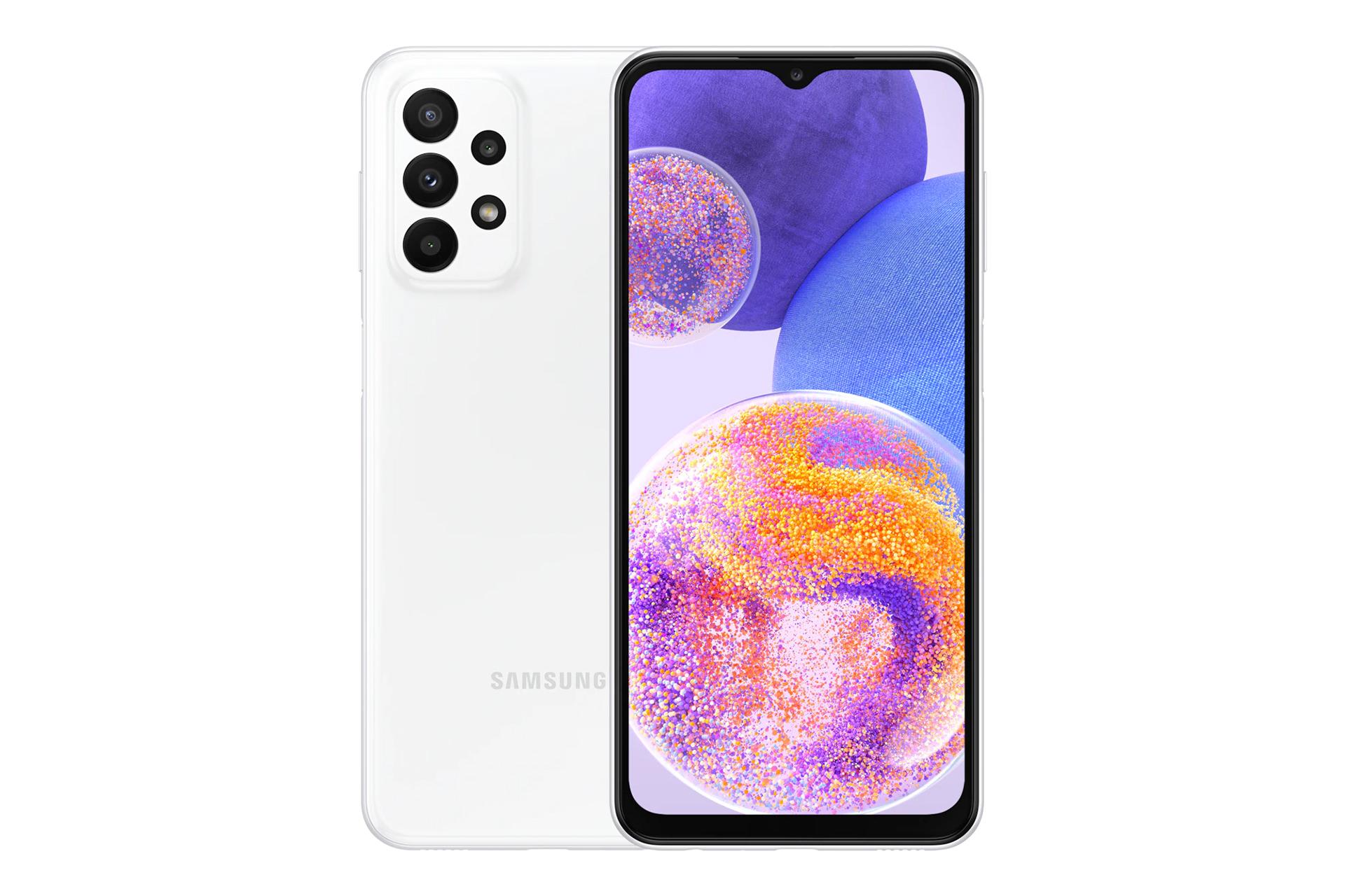 نمای کلی گوشی موبایل گلکسی A23 سامسونگ / Samsung Galaxy A23 با نمایشگر روشن و نمایش لوگو و دوربین های پنل پشت رنگ سفید
