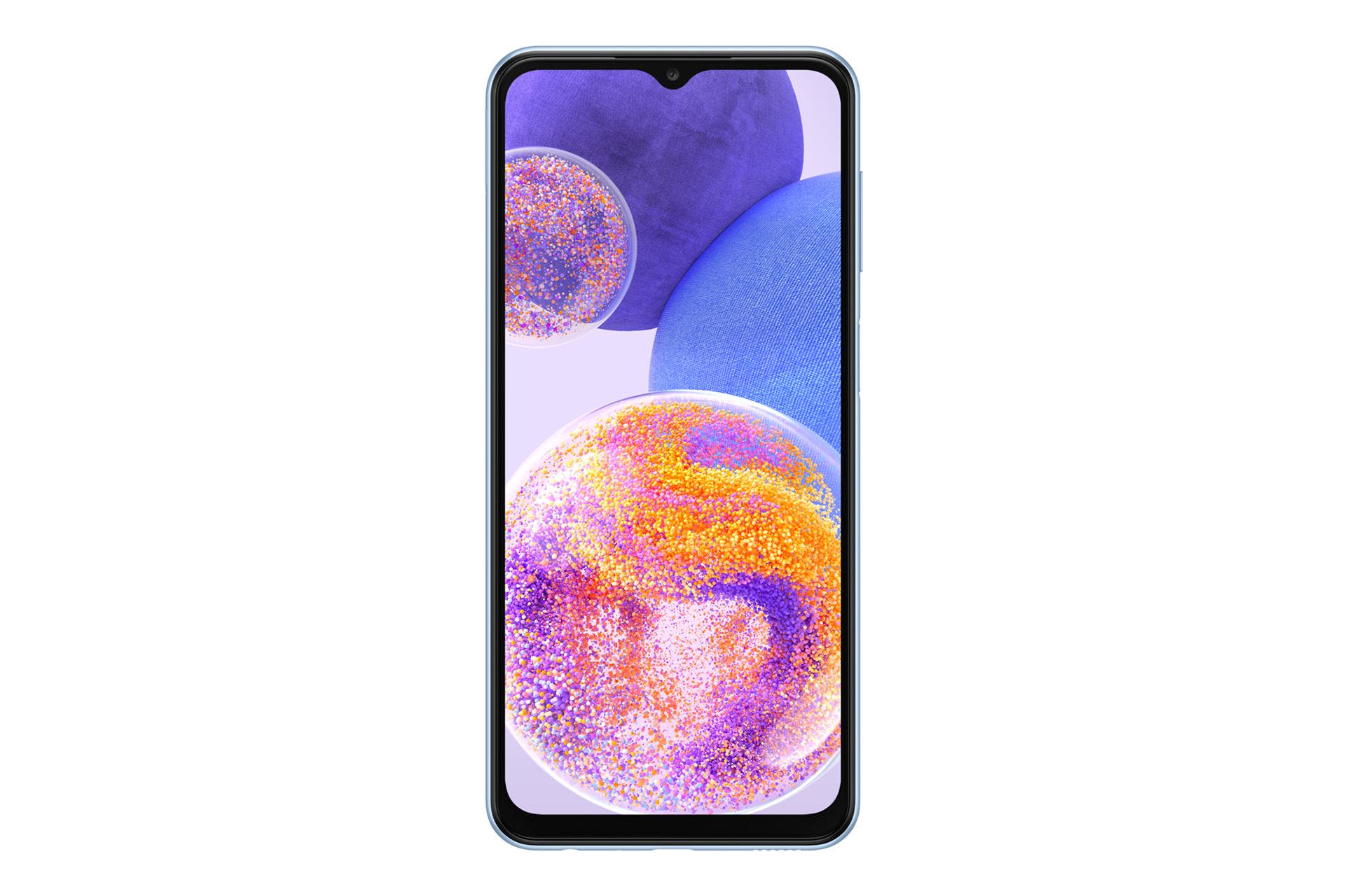 نمای رو به روی گوشی موبایل گلکسی A23 سامسونگ / Samsung Galaxy A23 با نمایش دوربین سلفی و حاشیه های نمایشگر