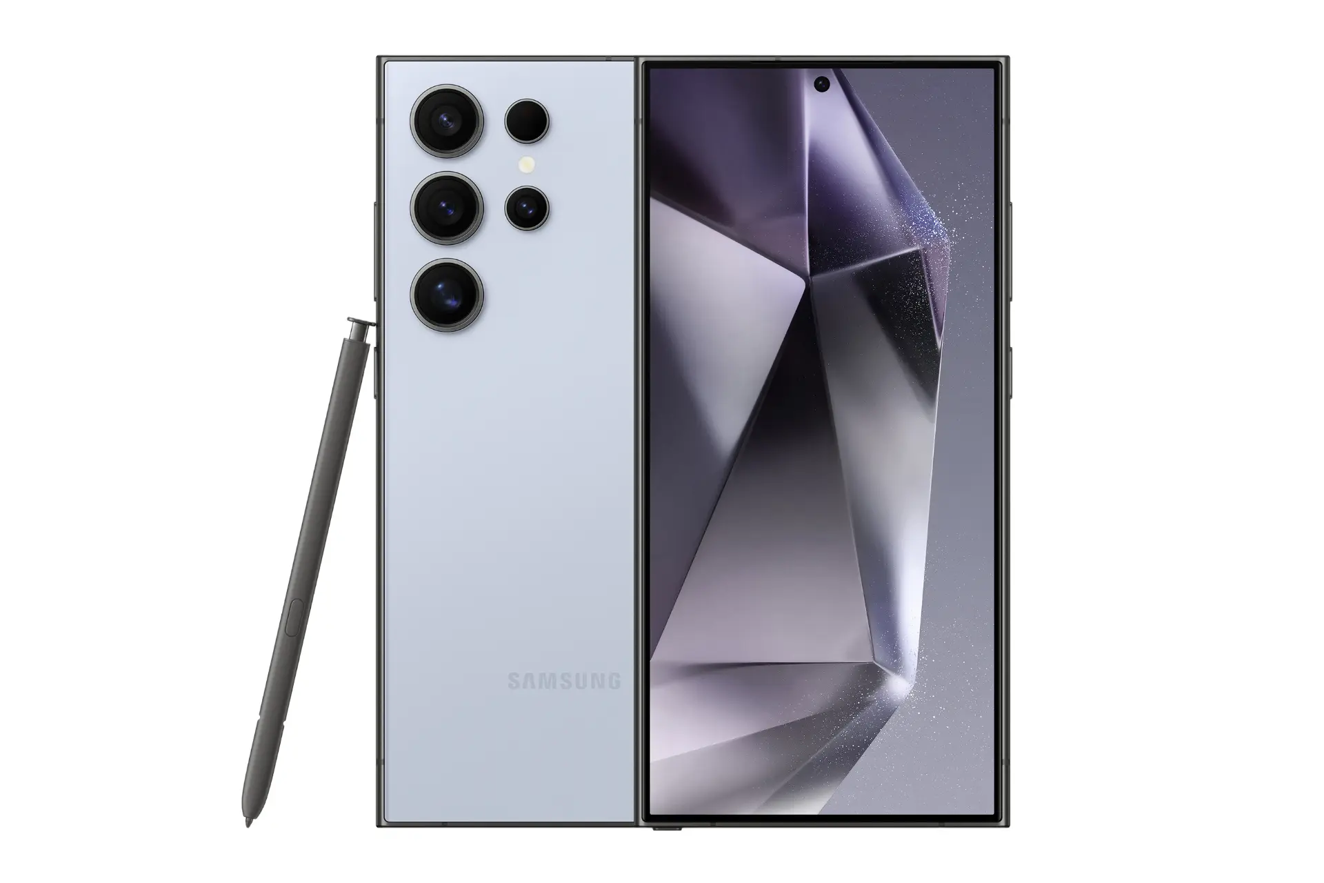 نمای کلی گوشی موبایل گلکسی اس 24 اولترا سامسونگ مشکی / Samsung Galaxy S24 Ultra با نمایشگر روشن و نمایش لوگو، دوربین های پنل پشت و قلم رنگ آبی