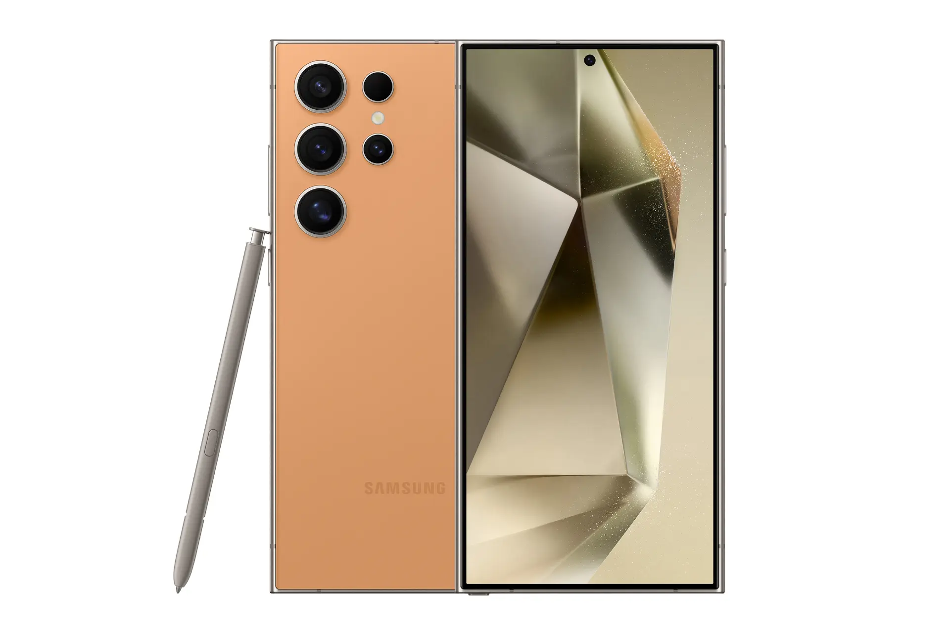 نمای کلی گوشی موبایل گلکسی اس 24 اولترا سامسونگ مشکی / Samsung Galaxy S24 Ultra با نمایشگر روشن و نمایش لوگو، دوربین های پنل پشت و قلم رنگ نارنجی