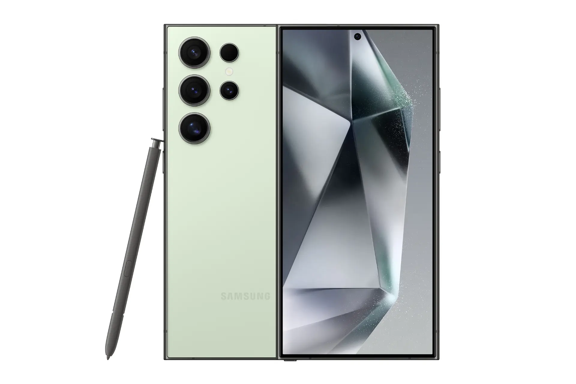 نمای کلی گوشی موبایل گلکسی اس 24 اولترا سامسونگ مشکی / Samsung Galaxy S24 Ultra با نمایشگر روشن و نمایش لوگو، دوربین های پنل پشت و قلم رنگ سبز