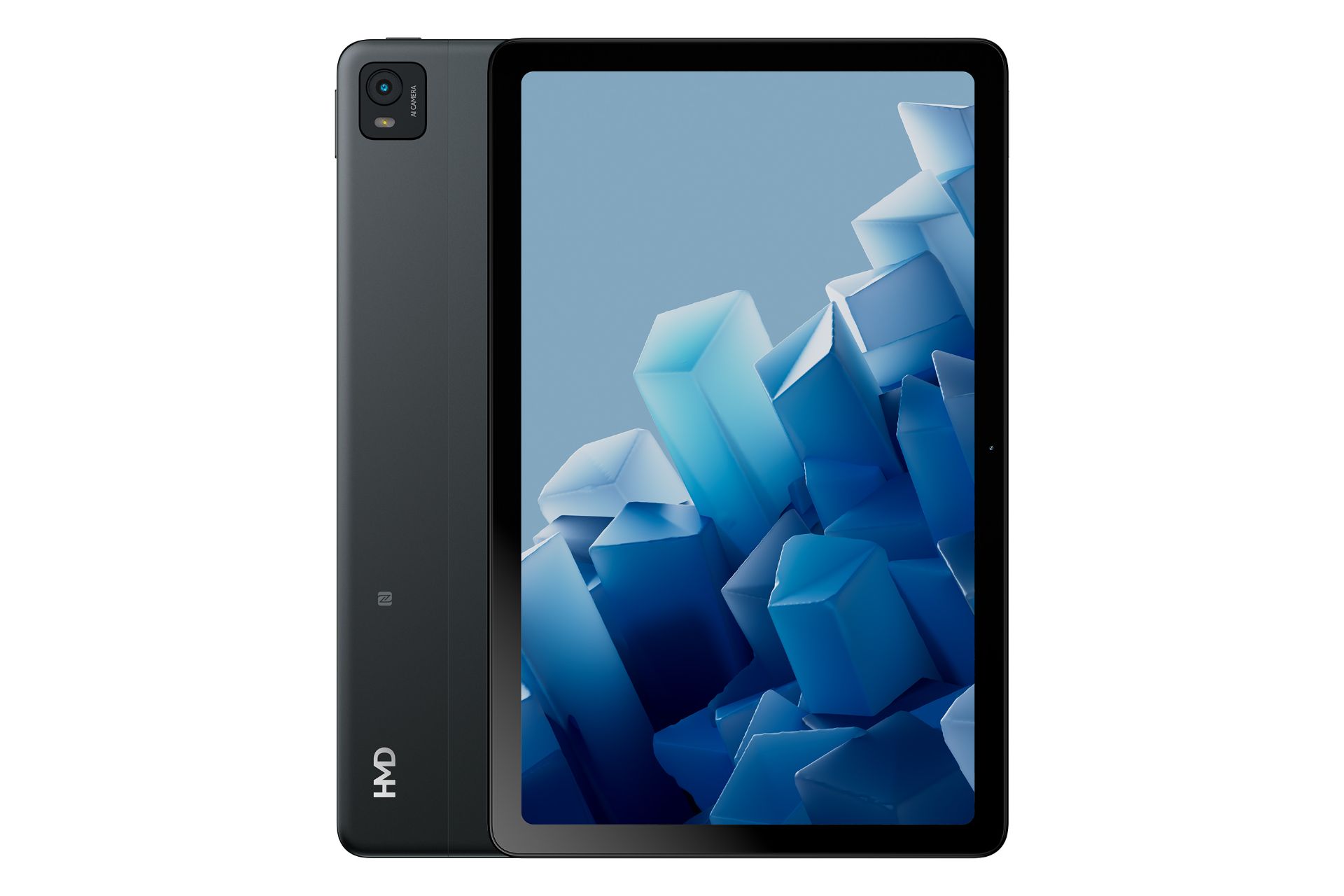 نمای کلی تبلت HMD T21 / اچ ام دی T21 با نمایشگر روشن و نمایش لوگو و دوربین پنل پشت رنگ مشکی