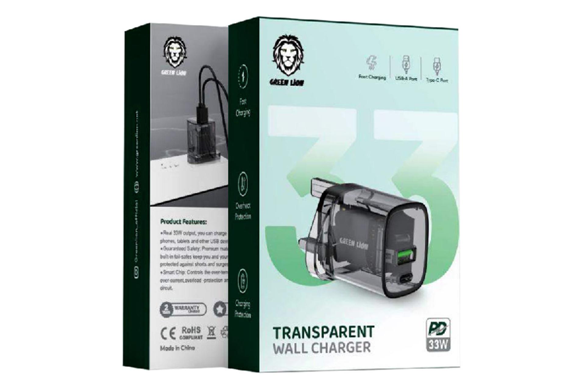 نمای بسته بندی شارژر گرین لیون مدل-Transparent GNTRWC33WBK