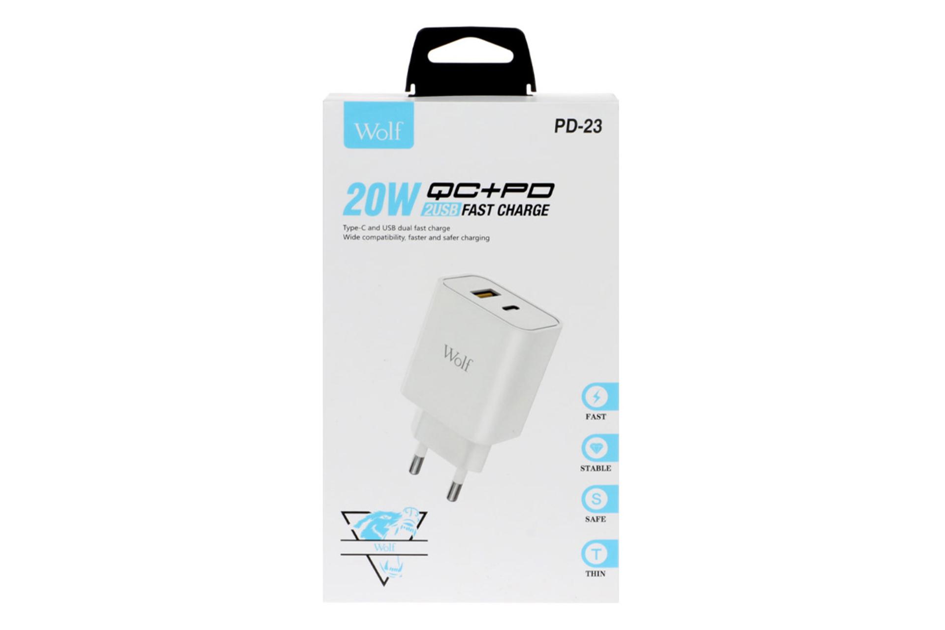 نمای بسته بندی شارژر دیواری مدل-Wolf PD-23