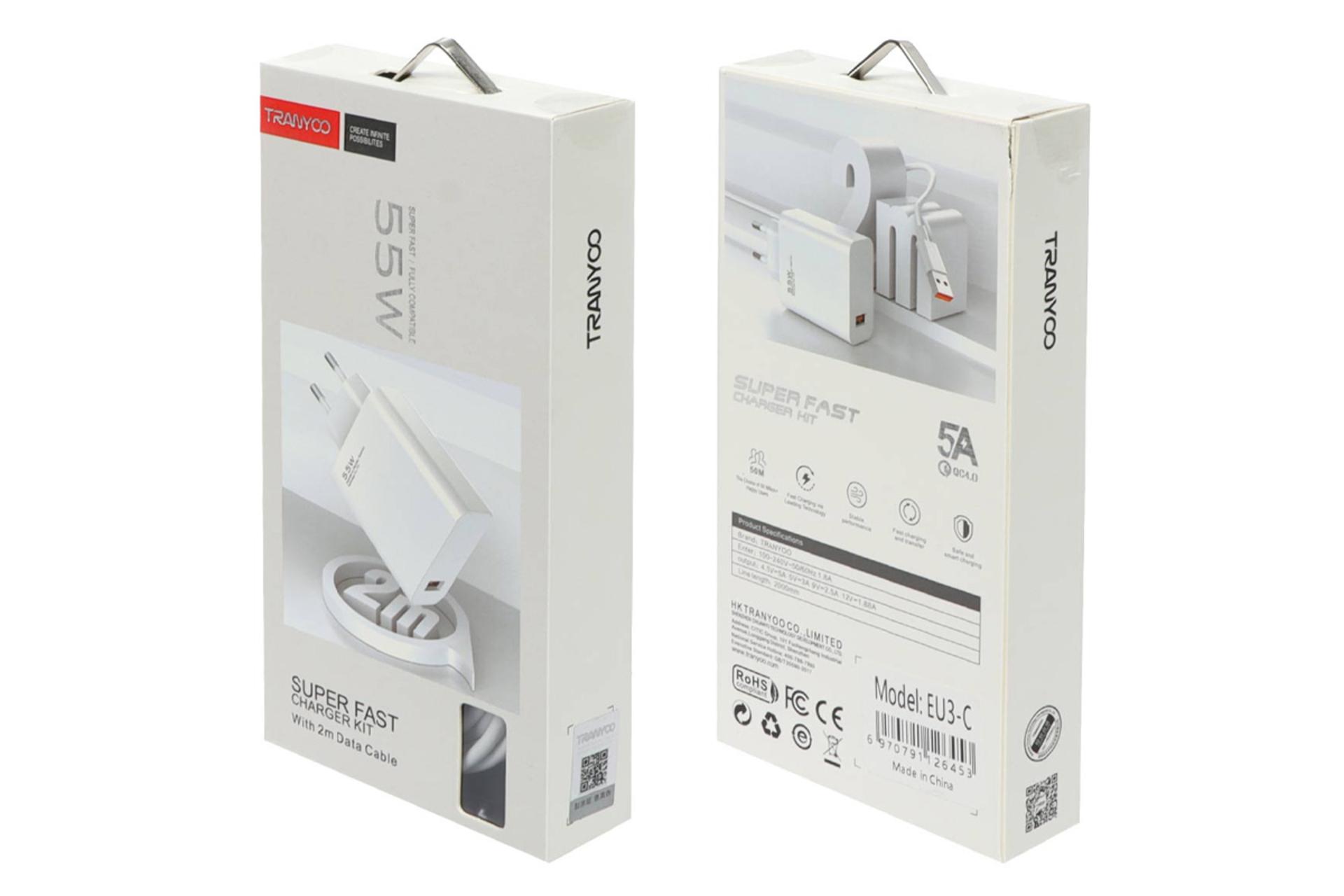 نمای پشت و روی بسته بندی شارژر دیواری ترانیو مدل-Tranyoo EU3-C