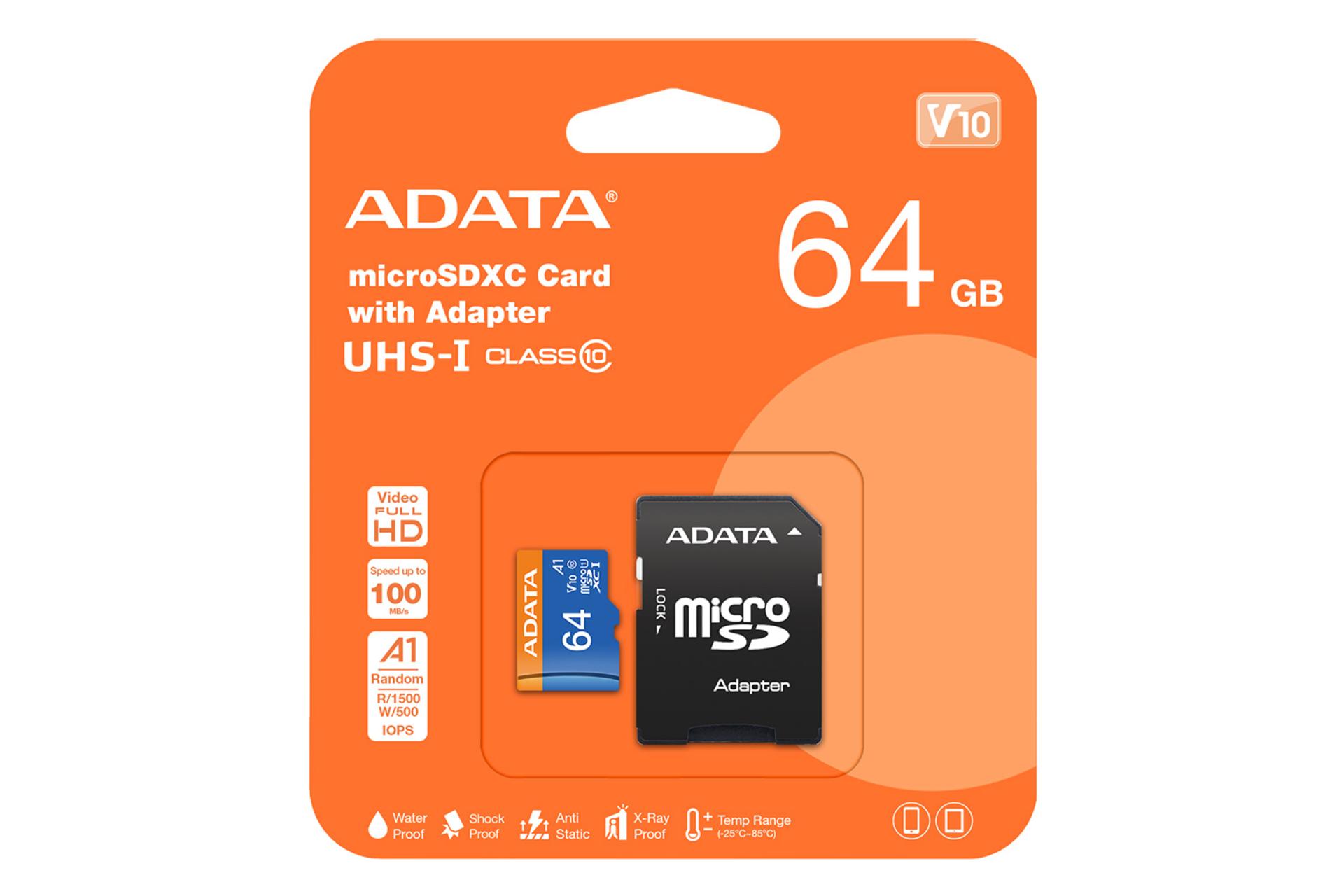 جعبه کارت حافظه ای دیتا ADATA Premier V10 microSDXC Class 10 UHS-I U1 64GB