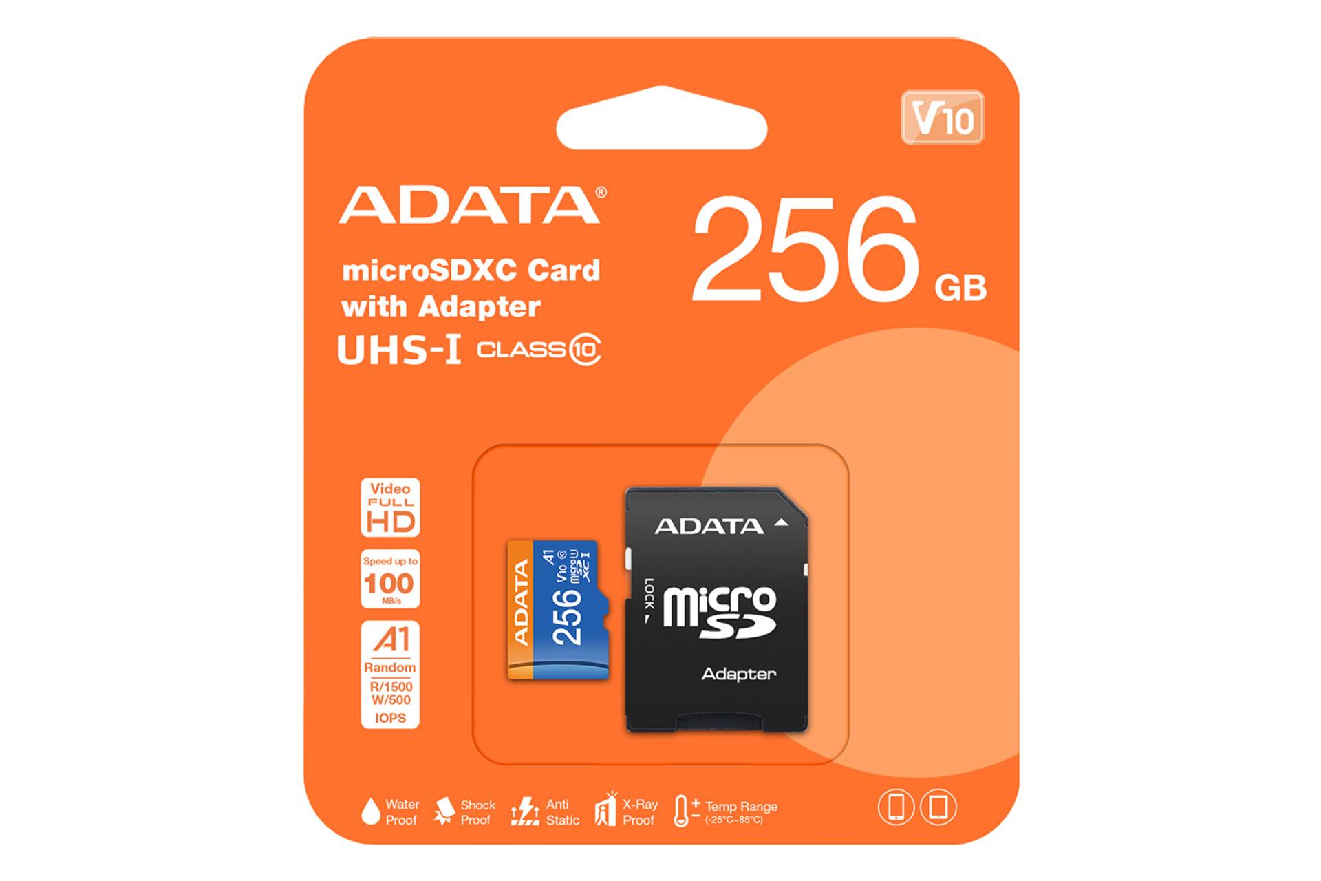 جعبه کارت حافظه ای دیتا ADATA Premier V10 microSDXC Class 10 UHS-I U1 256GB