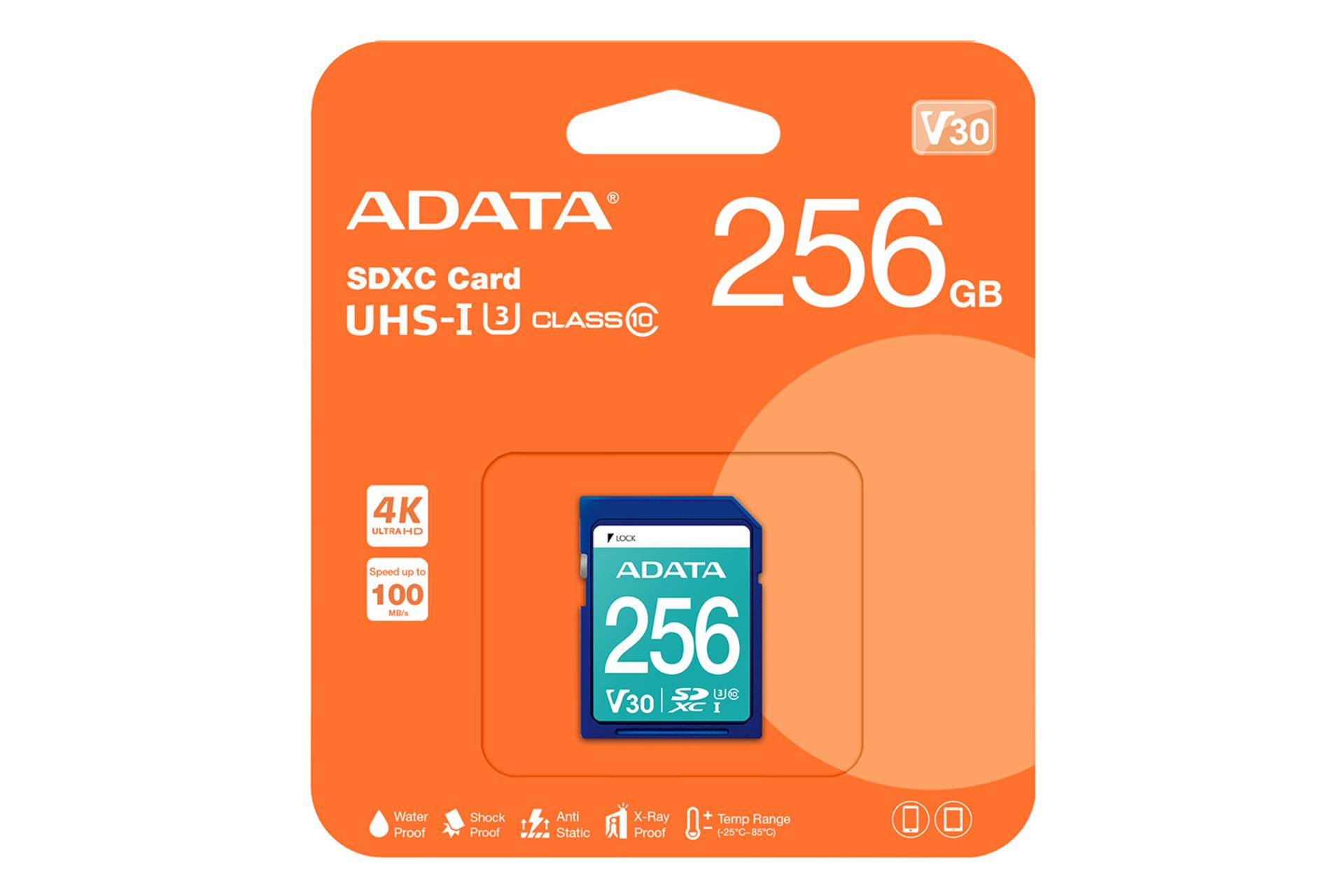 جعبه کارت حافظه ای دیتا ADATA Premier Pro V30 SDXC Class 10 UHS-I U3 256GB