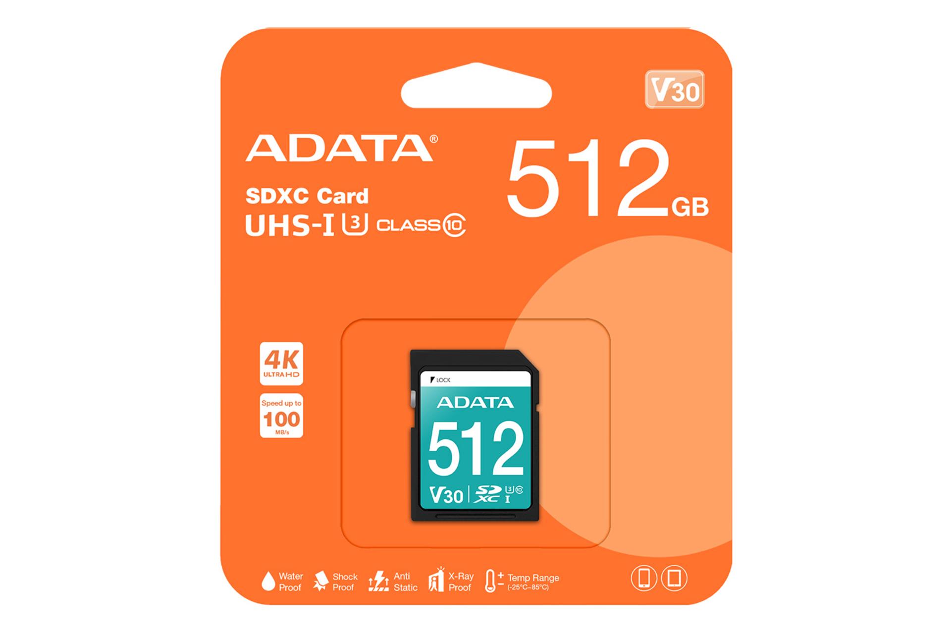 جعبه کارت حافظه ای دیتا ADATA Premier Pro V30 SDXC Class 10 UHS-I U3 512GB