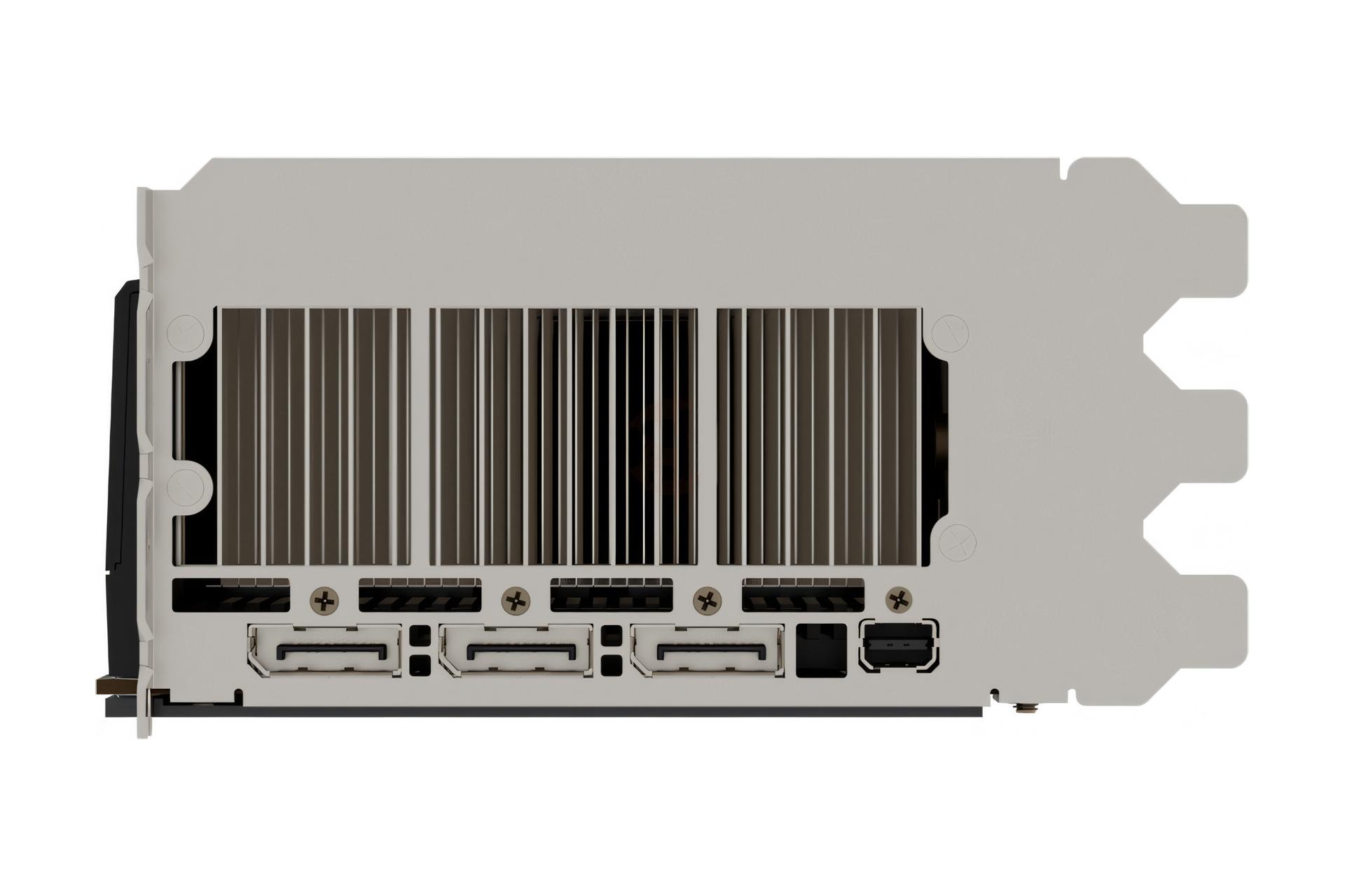 نمای پنل پشت کارت گرافیک AMD رادئون پرو W7900 با نمایش منافذ عبور هوا، درگاه های خروجی و ضخامت کارت