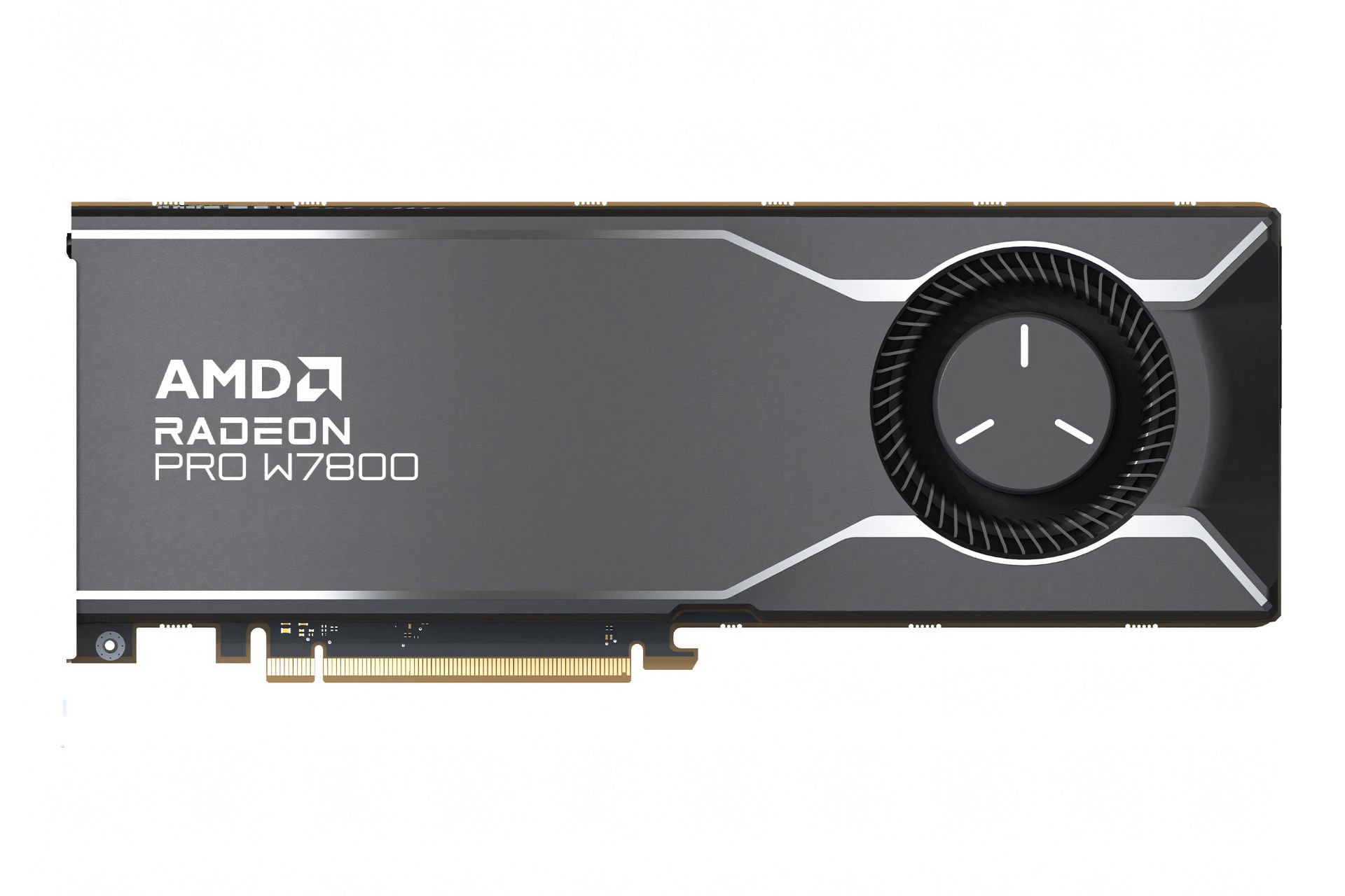 نمای رو به روی کارت گرافیک AMD رادئون پرو W7800 با نمایش لوگو و فن کارت