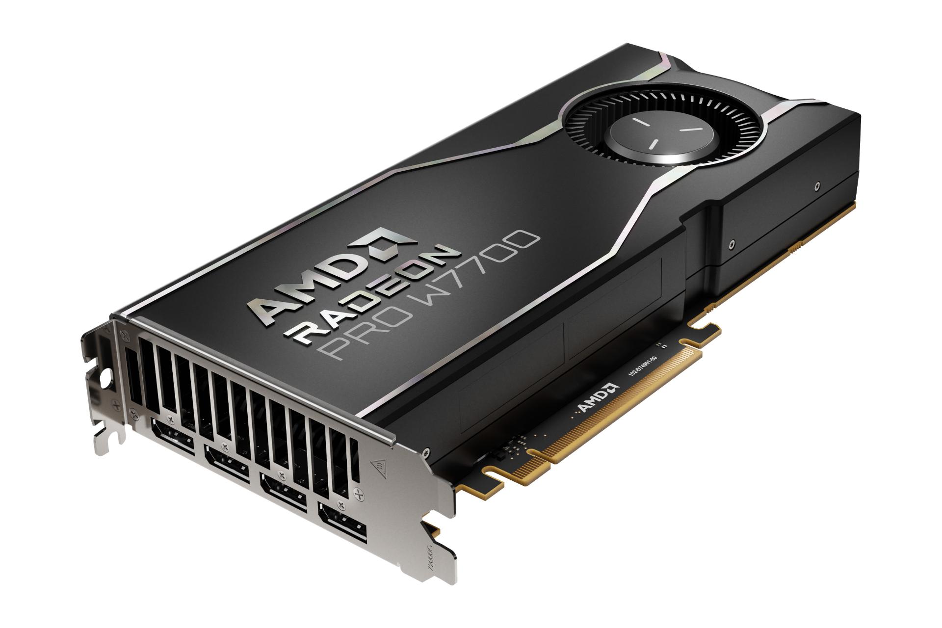 نمای کلی کارت گرافیک AMD رادئون پرو W7700 با نمایش براکت پشت کارت و کانکتور PCIe