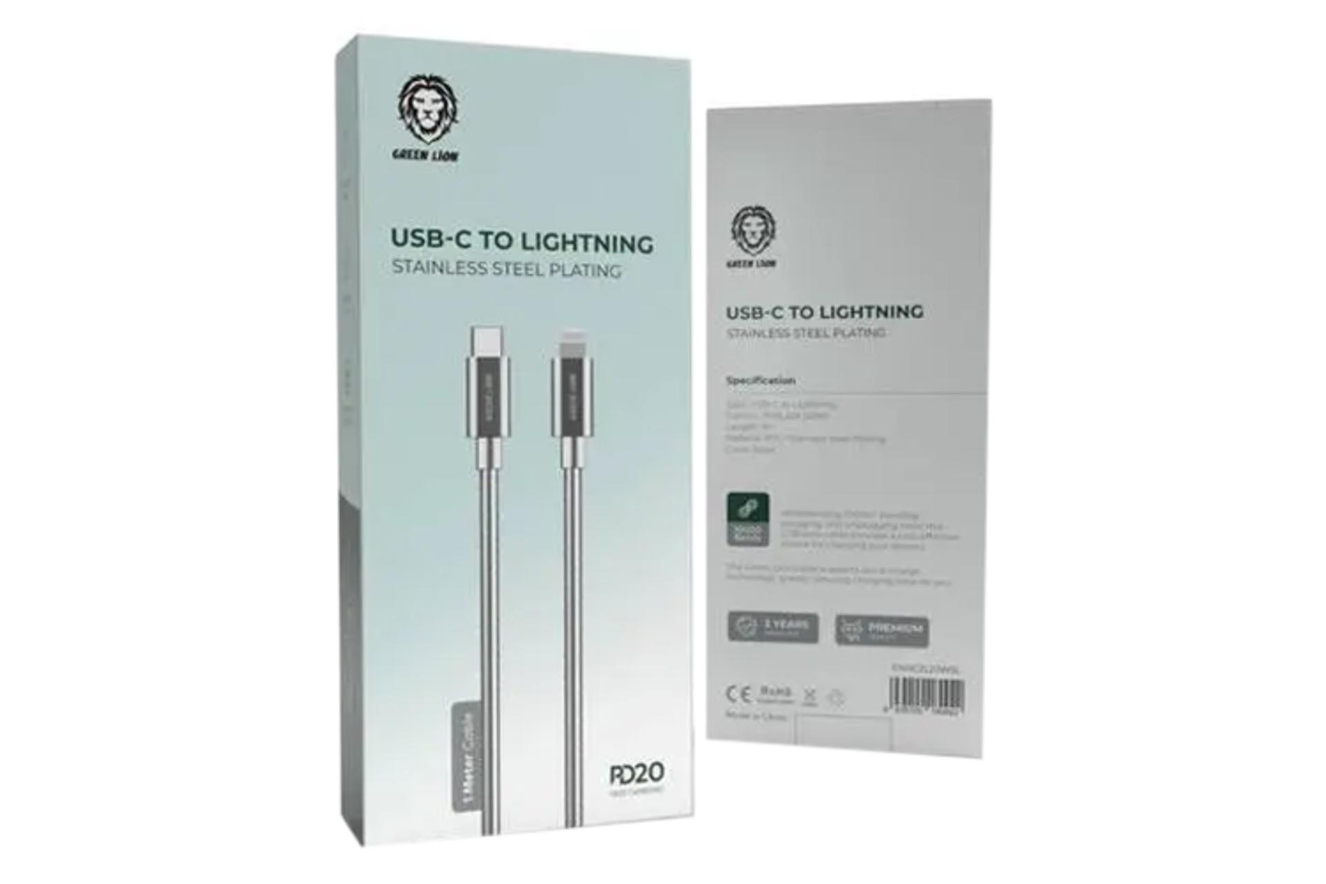 جعبه کابل شارژ USB گرین لیون Type-C به Lightning مدلNon-MFi Stainless Steel Plating با طول 1 متر