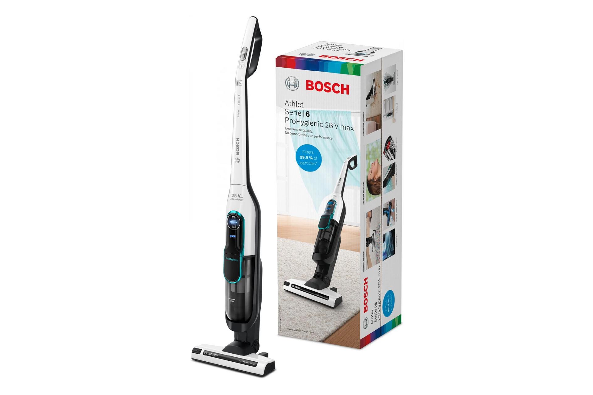 جارو شارژی عصایی بوش مدل BCH86HYG1 در کنار جعبه بسته بندی