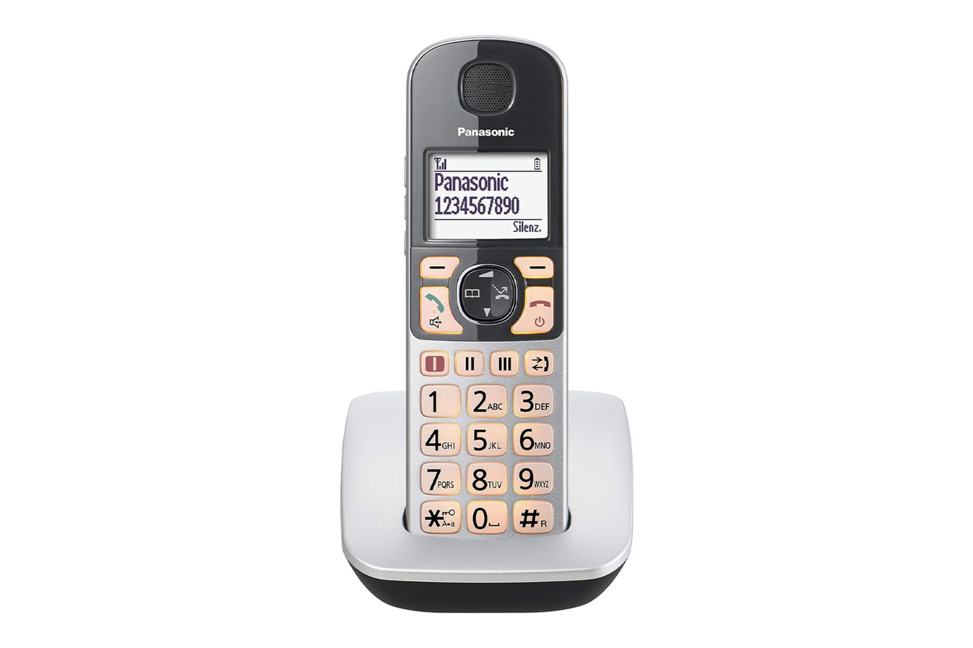 نمای رو به روی تلفن پاناسونیک KX-TGE510 با نمایش گوشی و پایه با نور پس‌زمنیه کلیدها