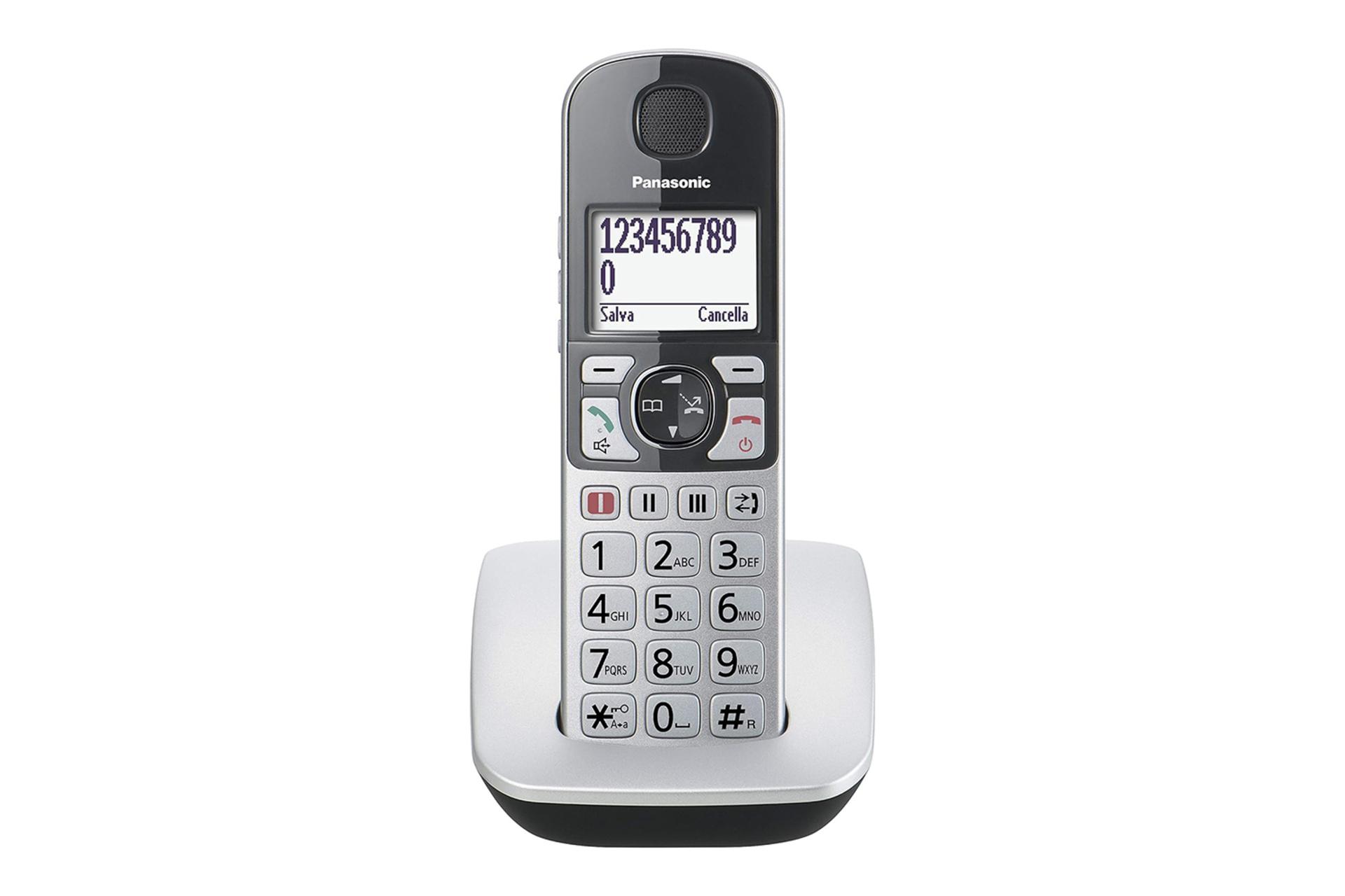نمای رو به روی تلفن پاناسونیک KX-TGE510 با نمایشگر روشن و نمایش پایه
