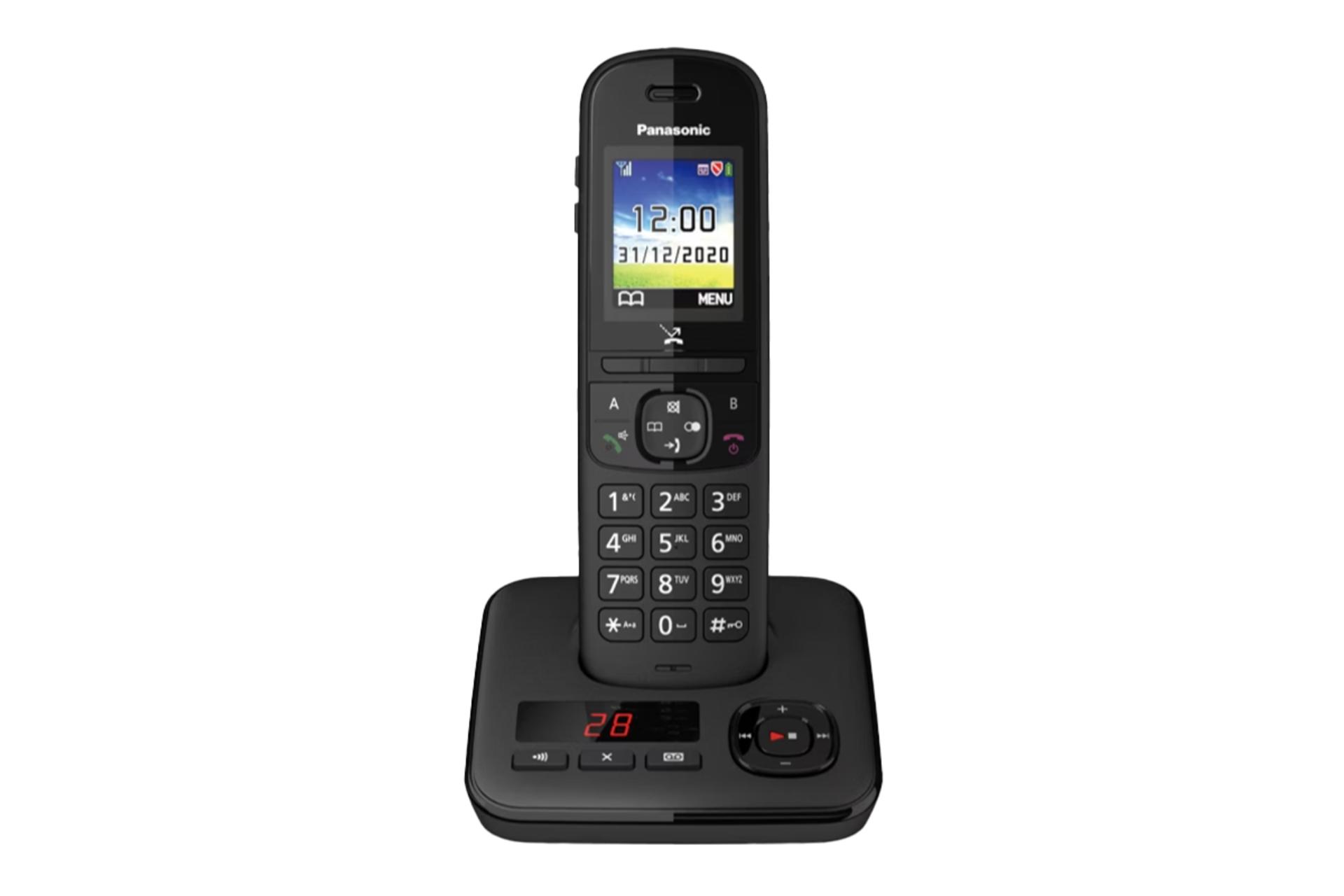 نمای کلی تلفن پاناسونیک KX-TGH720 با نمایشگر روشن و نمایش پایه رنگ مشکی