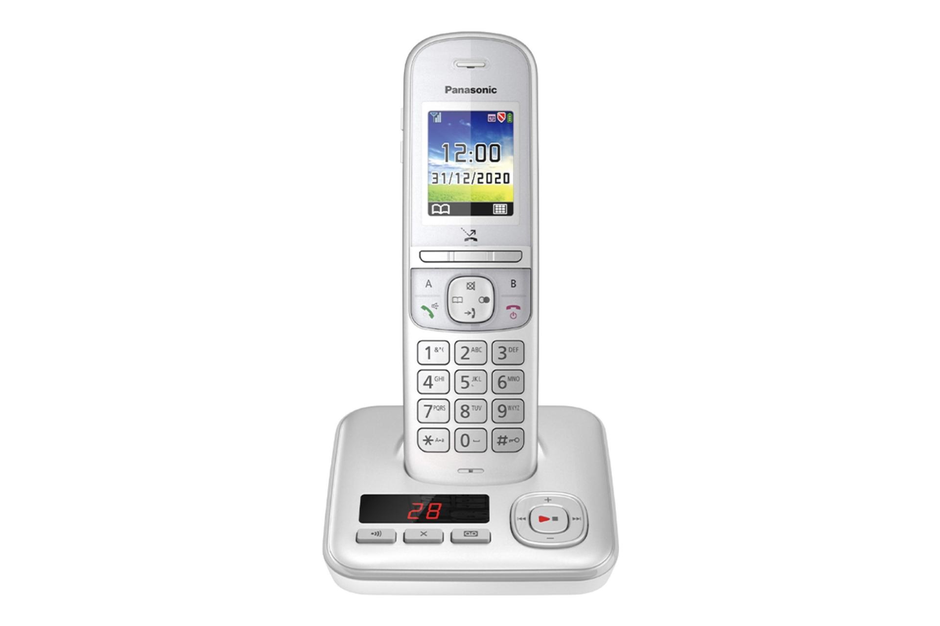 نمای کلی تلفن پاناسونیک KX-TGH720 با نمایشگر روشن و نمایش پایه رنگ نقره‌ای