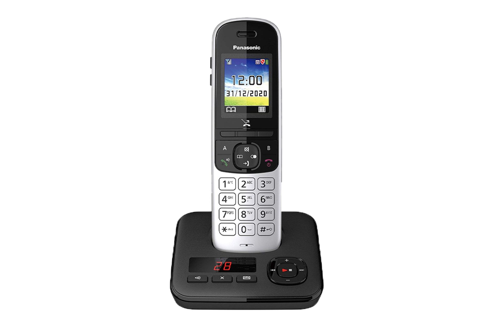 نمای کلی تلفن پاناسونیک KX-TGH720 با نمایشگر روشن و نمایش پایه رنگ نقره‌ای مشکی