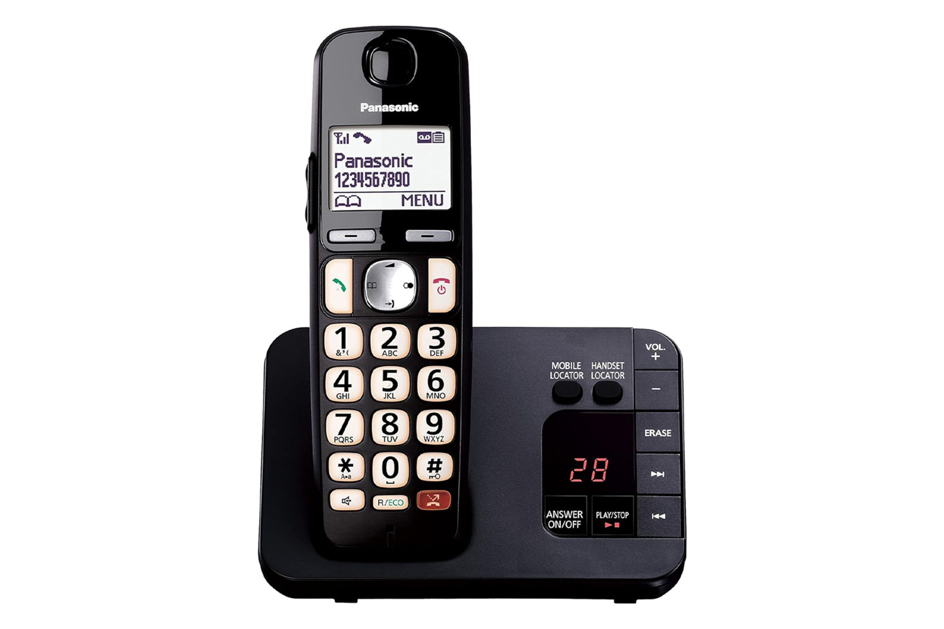 نمای کلی تلفن پاناسونیک KX-TGE820 با نمایش گوشی و پایه و نمایش دکمه ها رنگ مشکی