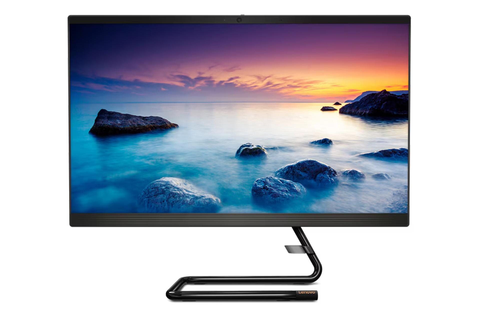 نمای رو به روی کامپیوتر همه کاره IdeaCentre A340-24IWL لنوو با نمایشگر روشن و نمایش پایه رنگ مشکی