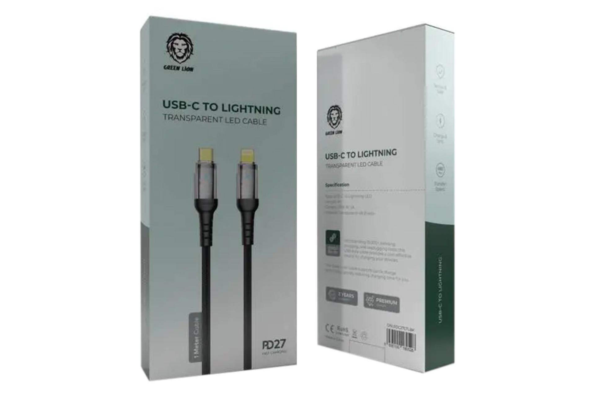 جعبه کابل شارژ USB گرین لیون Type-C به Lightning مدل Transparent LED با طول 1 متر