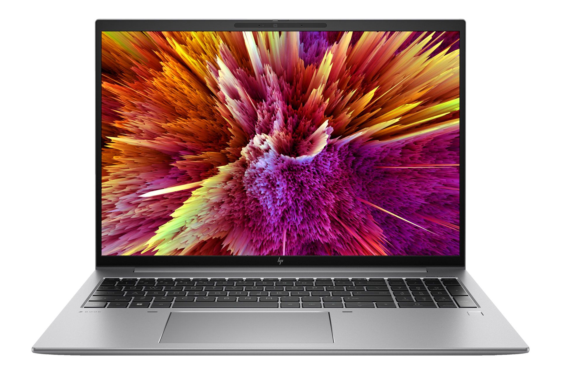نمای رو به روی لپ تاپ ZBook Firefly 16 G10 اچ پی / HP ZBook Firefly 16 G10 با نمایشگر روشن و نمایش لوگو و لبه جلو