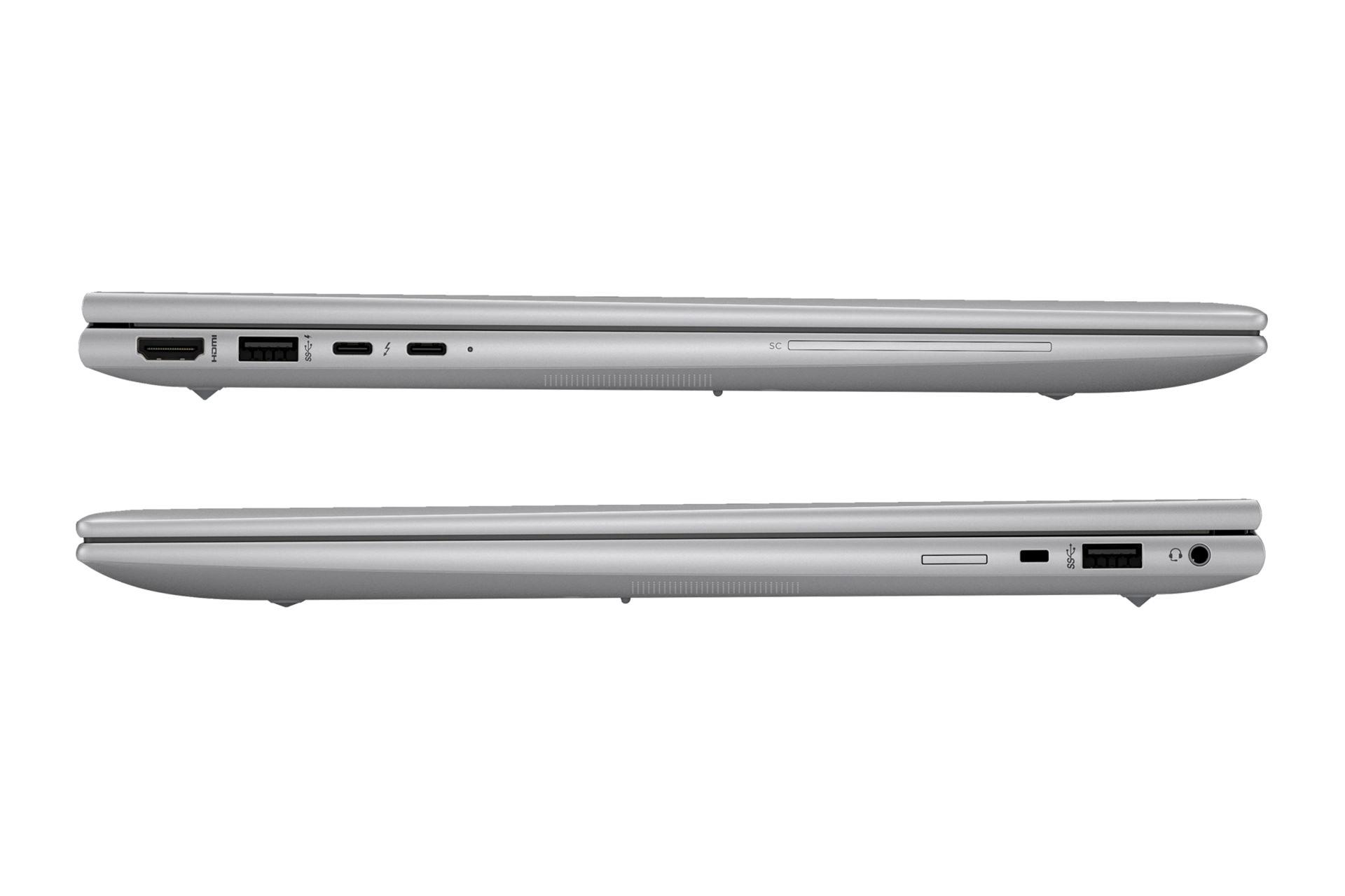 نمای لبه های کناری لپ تاپ ZBook Firefly 16 G10 اچ پی / HP ZBook Firefly 16 G10 با تمرکز روی درگاه های لبه سمت چپ و راست و نمایش ضخامت لپ‌تاپ در حالت بسته