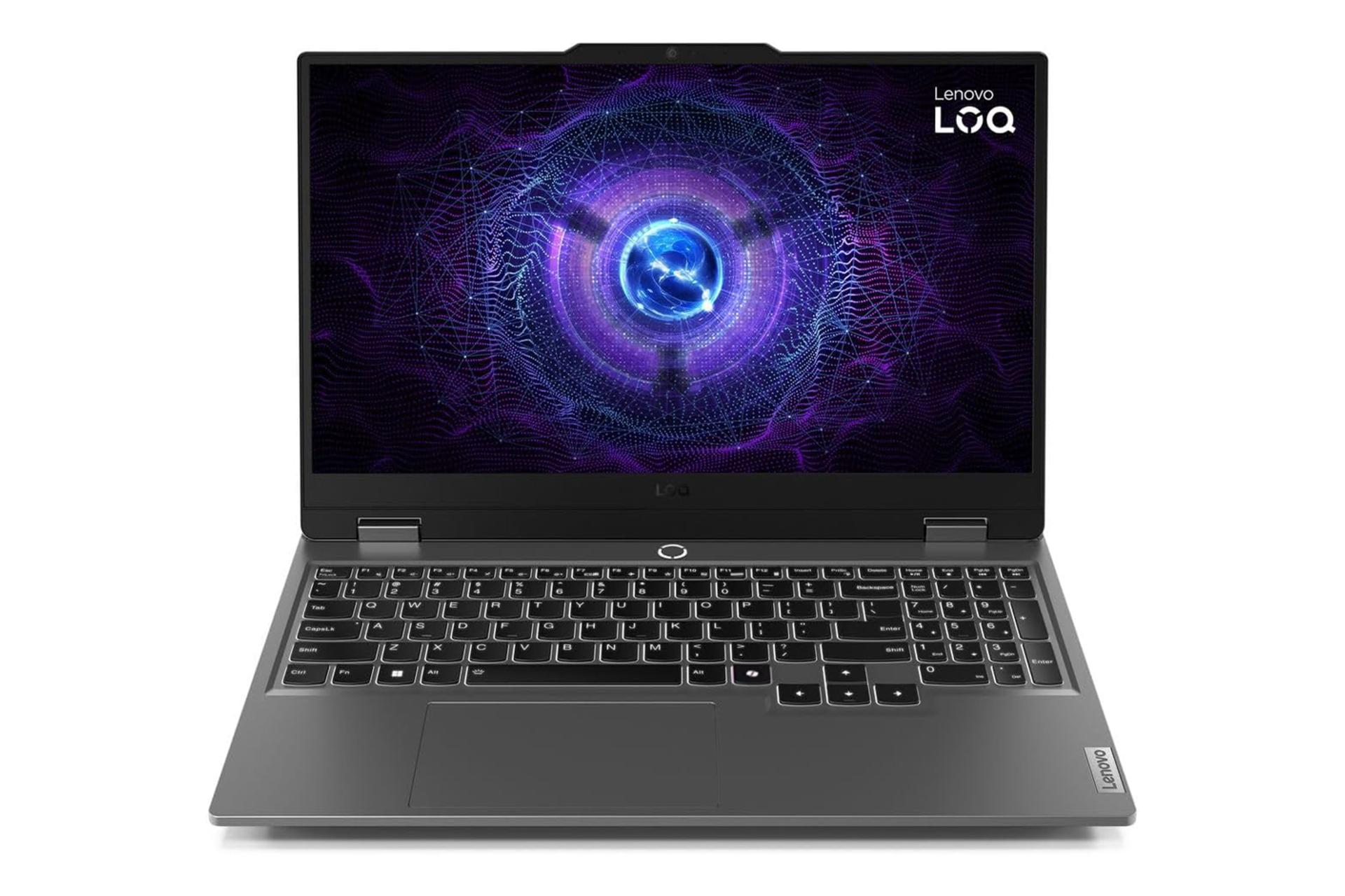 مرجع متخصصين ايران نماي رو به روي لپ تاپ LOQ 15IAX9 لنوو / Lenovo LOQ 15IAX9 با نمايشگر روشن و نمايش لوگو و لبه‌ي جلو