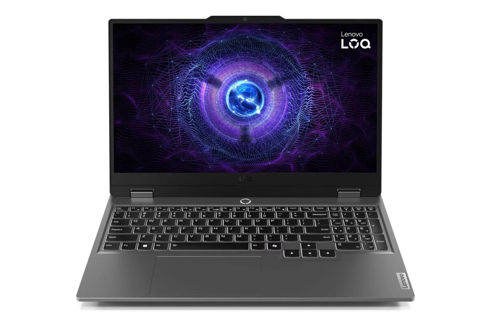نمای رو به روی لپ تاپ LOQ 15IAX9 لنوو / Lenovo LOQ 15IAX9 با نمایشگر روشن و نمایش لوگو و لبه‌ی جلو