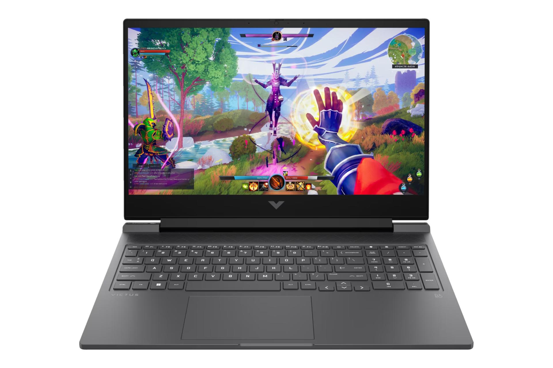 نمای رو به روی لپ تاپ Victus 16-r0042 اچ پی / HP Victus 16-r0042 با نمایشگر روشن و نمایش لوگو و لبه جلو