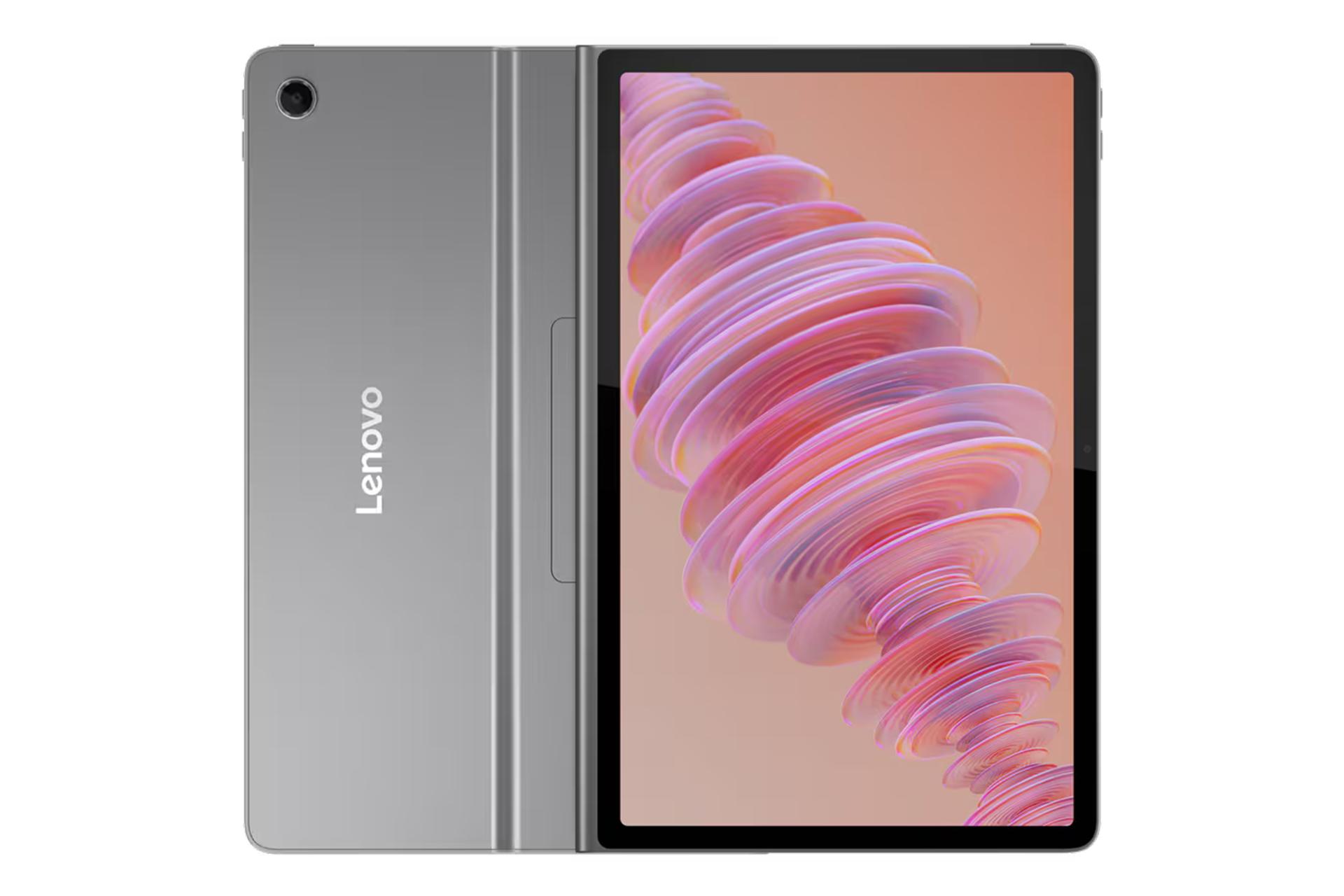 نمای کلی تبلت تب پلاس لنوو / Lenovo Tab Plus با نمایشگر روشن و نمایش لوگو و دوربین پنل پشت