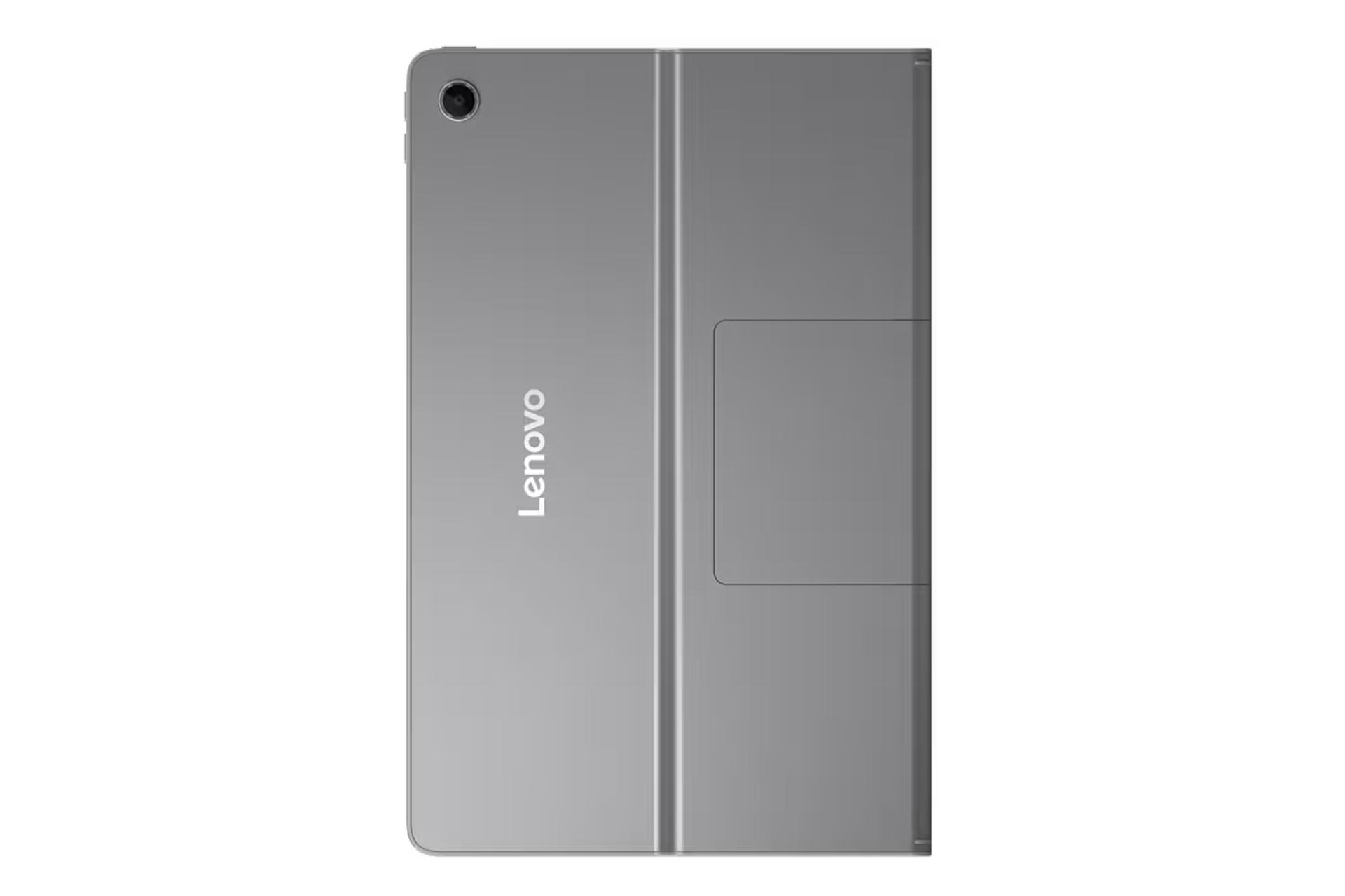 نمای پنل پشت تبلت تب پلاس لنوو / Lenovo Tab Plus با نمایش لوگو، پایه و دوربین پنل پشت