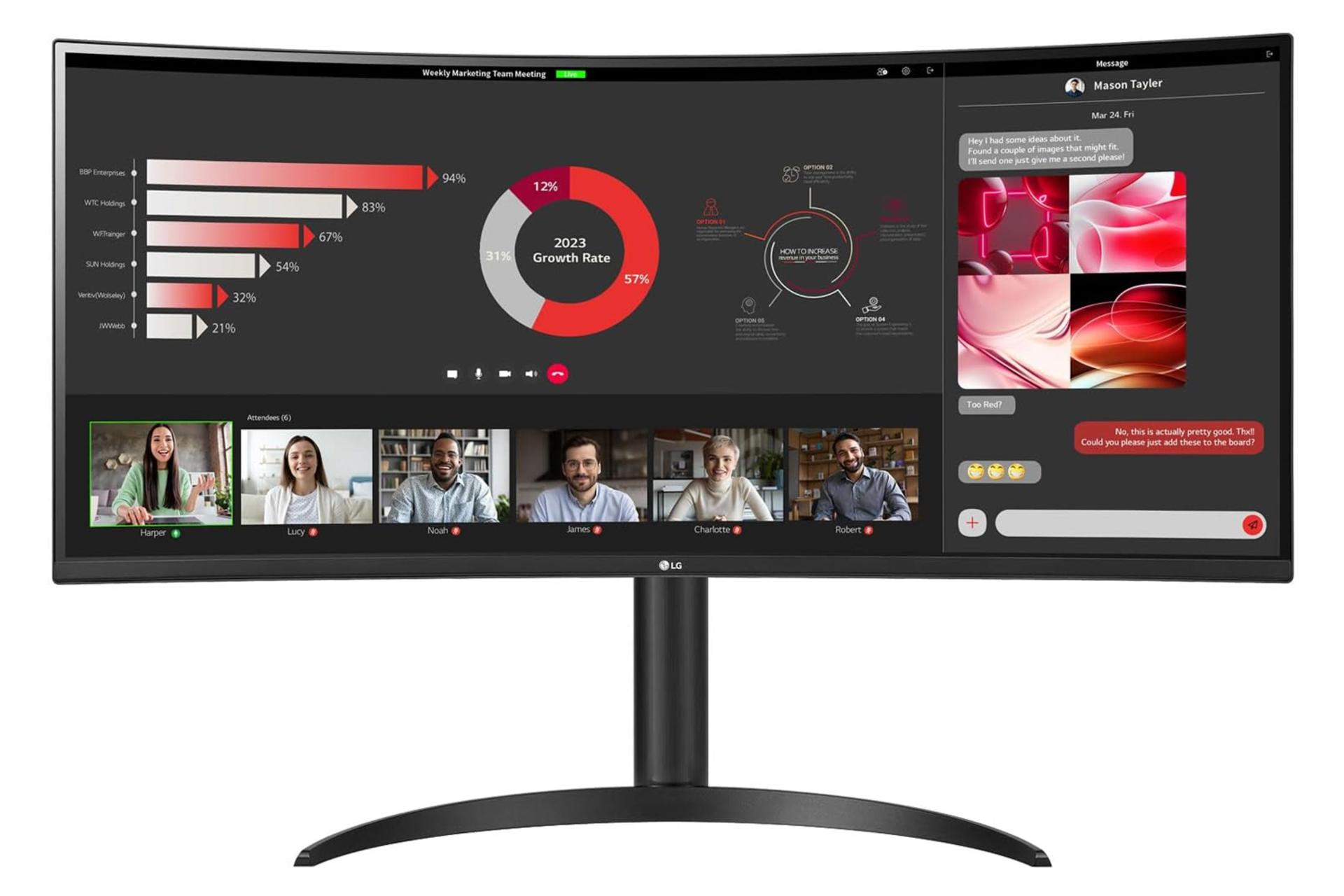 نمای جلو و لوگوی مانیتور ال جی 34 اینچ مدل 34WR55QC-B