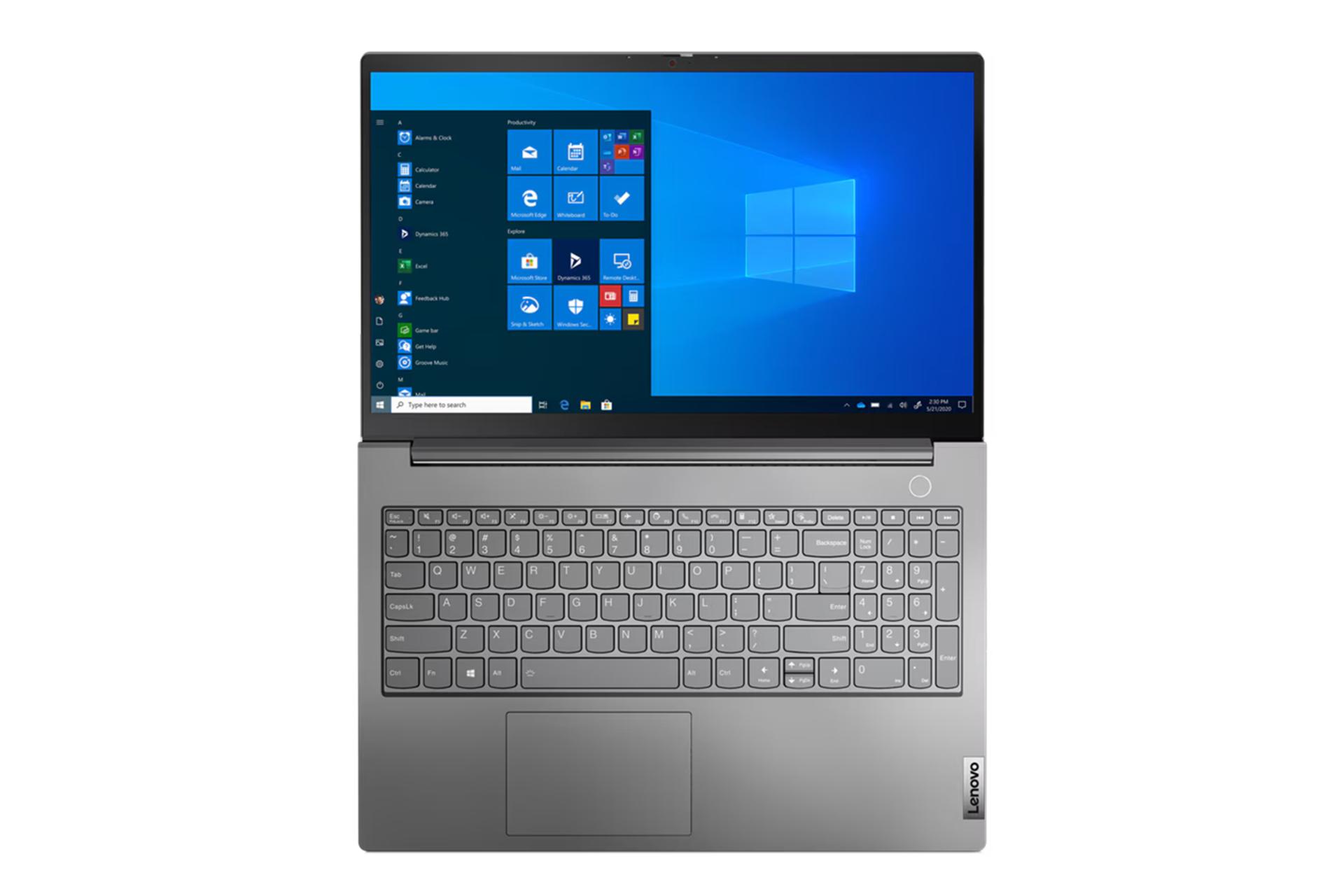 نمای بالای لپ تاپ ThinkBook 15 G2 ITL لنوو با نمایش حالت 180 درجه، کیبورد و ترک‌پد