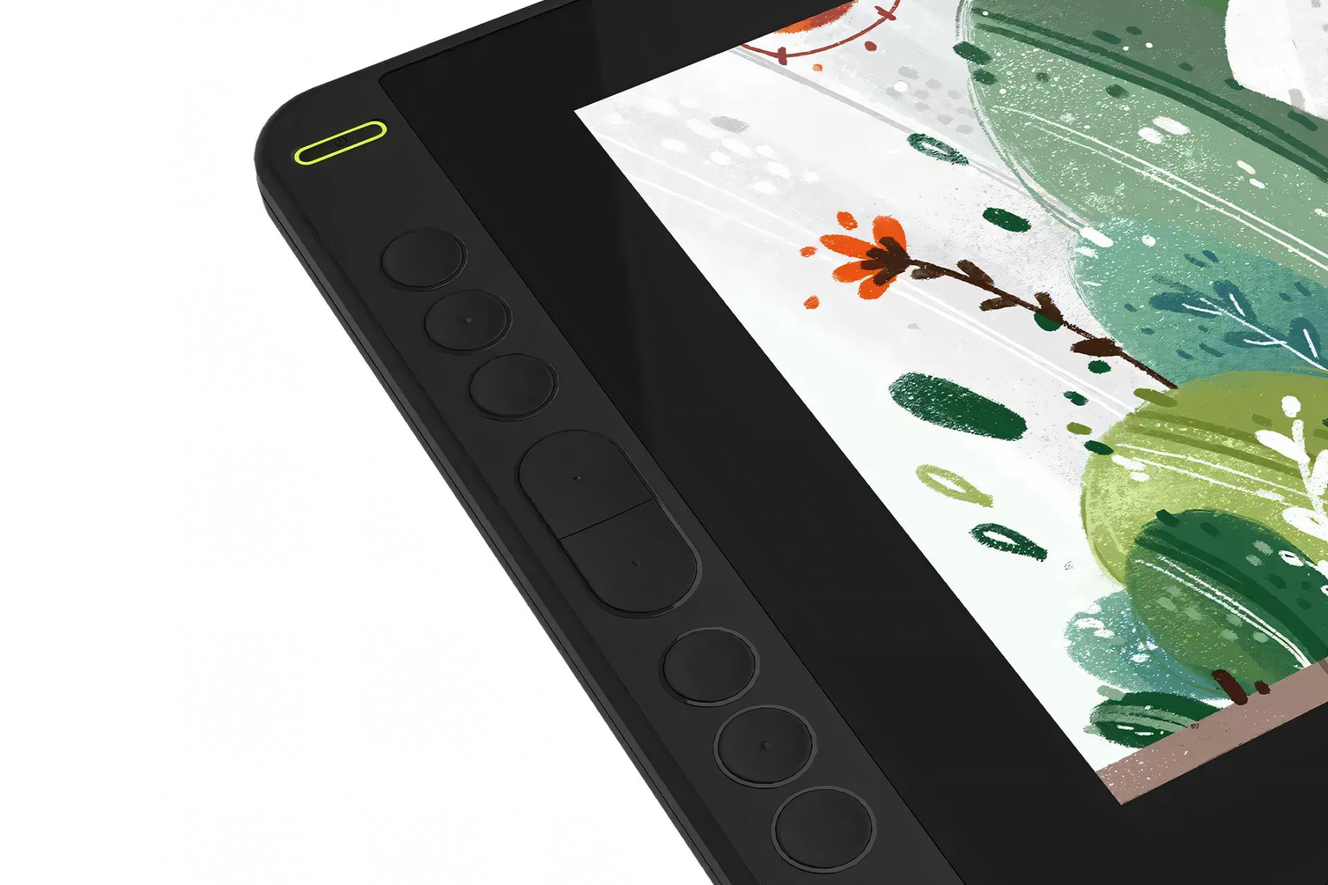 نمای نزدیک پنل جلوی قلم نوری هویون کامواس 12 با نمایش دکمه‌های قابل شخصی‌سازی