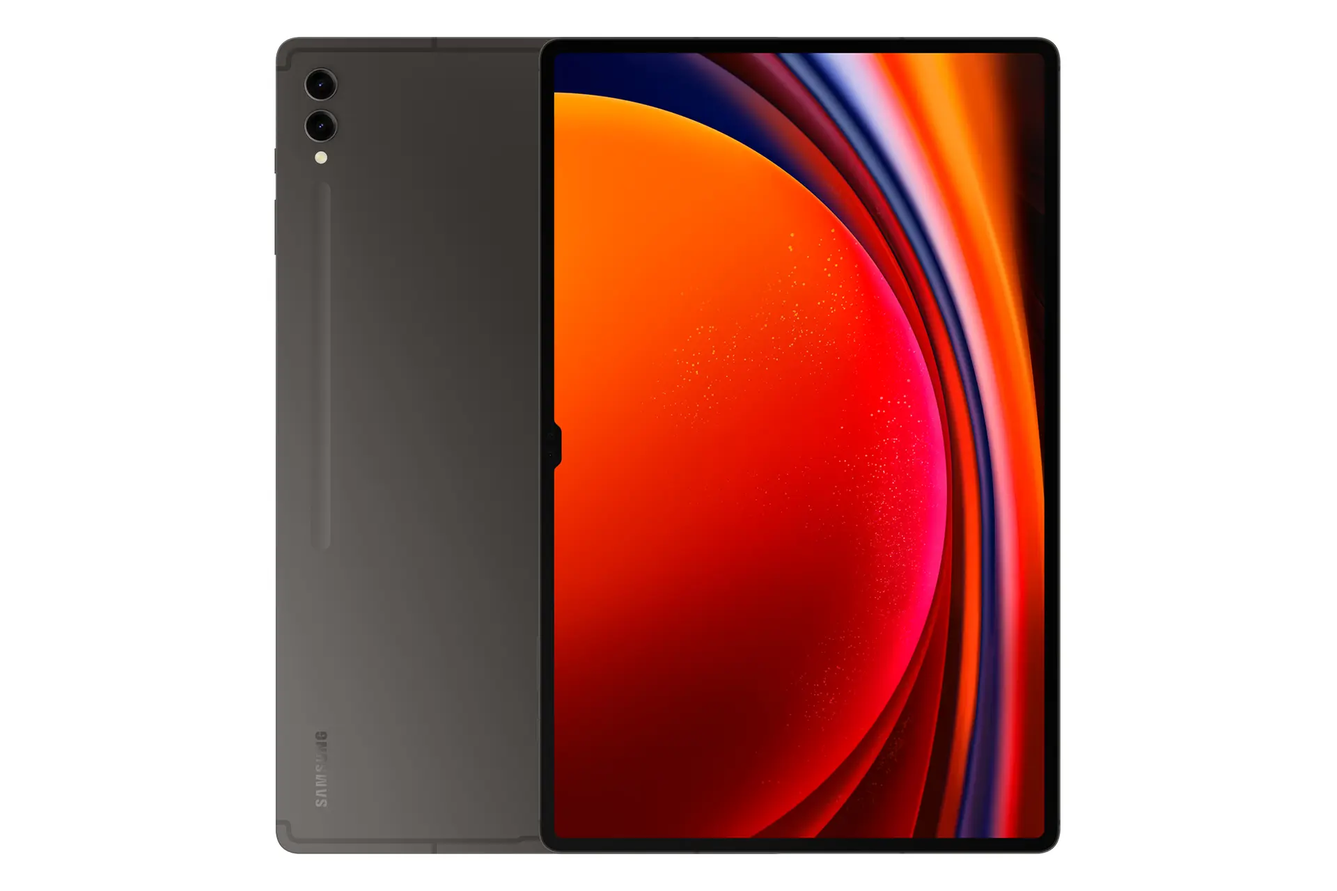 مرجع متخصصين ايران نماي كلي تبلت گلكسي تب اس 9 اولترا سامسونگ / Samsung Galaxy Tab S9 Ultra با نمايشگر روشن و نمايش دوربين ها و لوگوي پنل پشت رنگ خاكستري