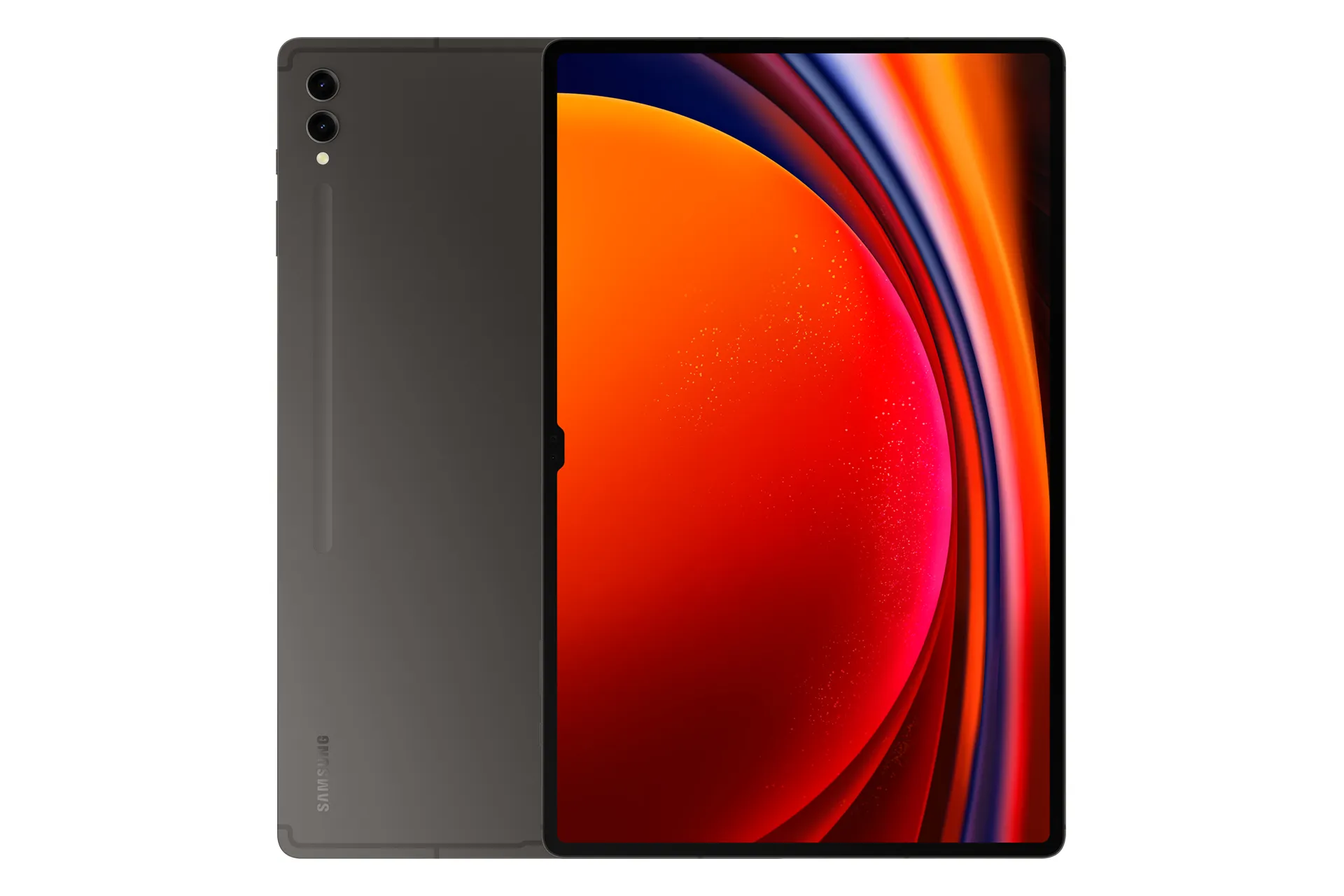 نمای کلی تبلت گلکسی تب اس 9 اولترا سامسونگ / Samsung Galaxy Tab S9 Ultra با نمایشگر روشن و نمایش دوربین ها و لوگوی پنل پشت رنگ خاکستری