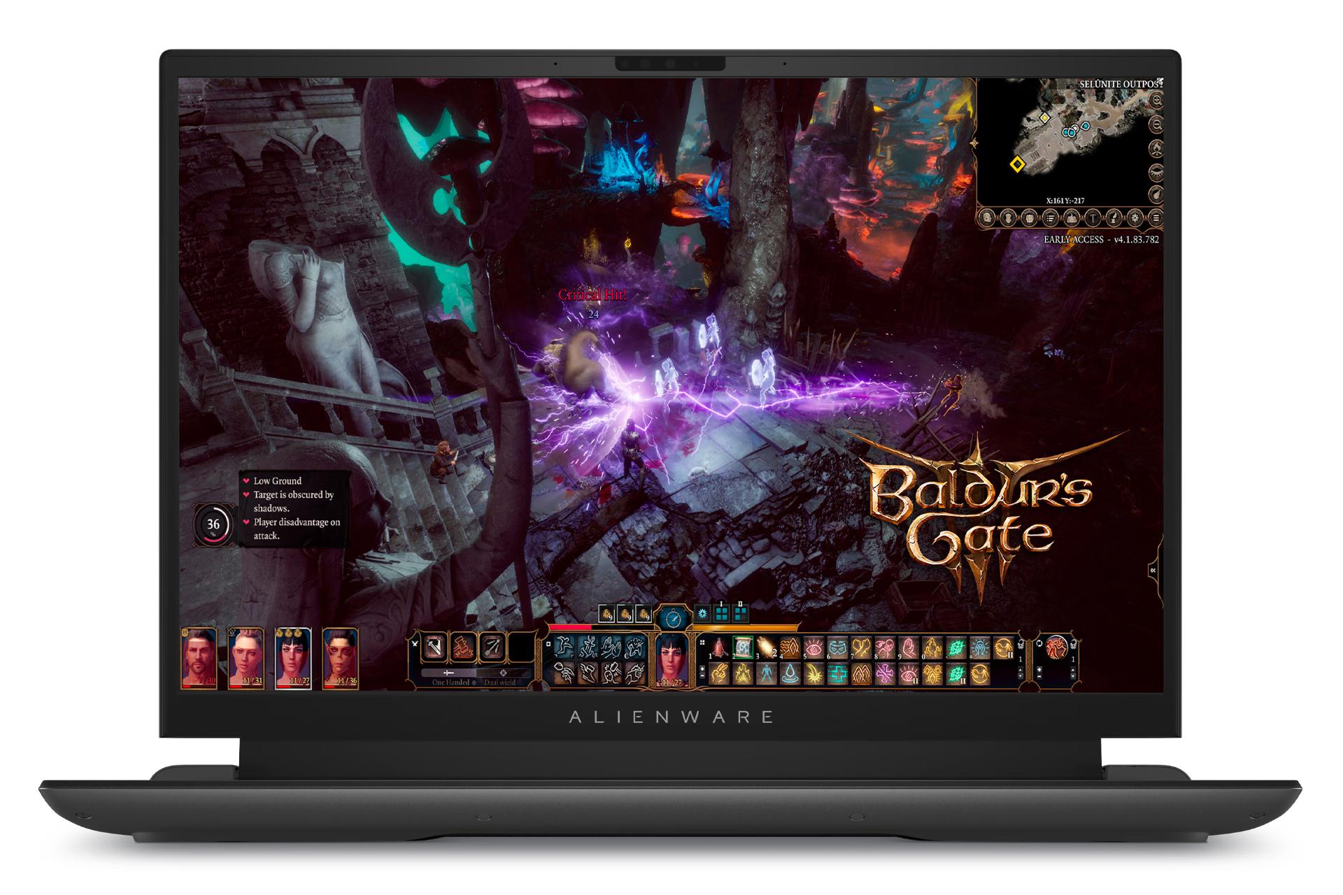 نمای رو به روی لپ تاپ الین ویر m18 R1 دل با نمایشگر روشن و نمایش لوگو و لبه جلو