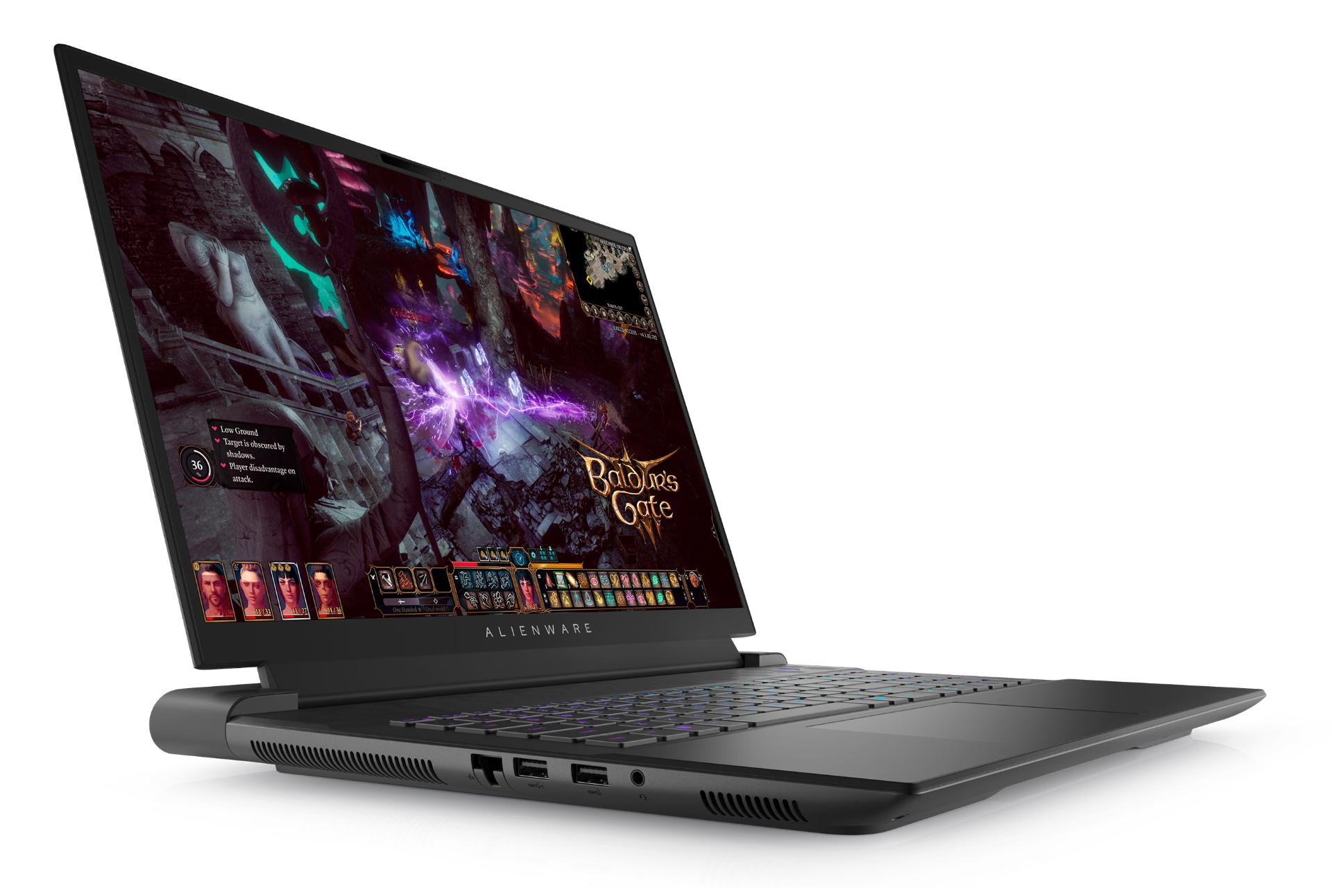 نمای نیمرخ لپ تاپ الین ویر m18 R1 دل با نمایش درگاه ها و منافذ عبور هوای لبه سمت چپ