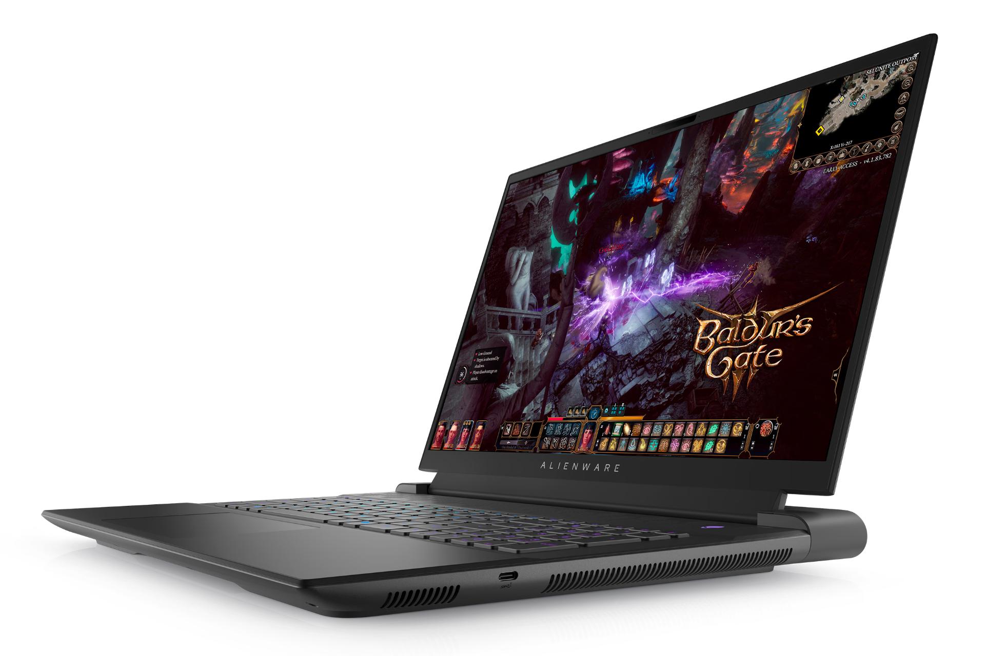 نمای نیمرخ لپ تاپ الین ویر m18 R1 دل با نمایش درگاه و منافذ عبور هوای لبه سمت راست