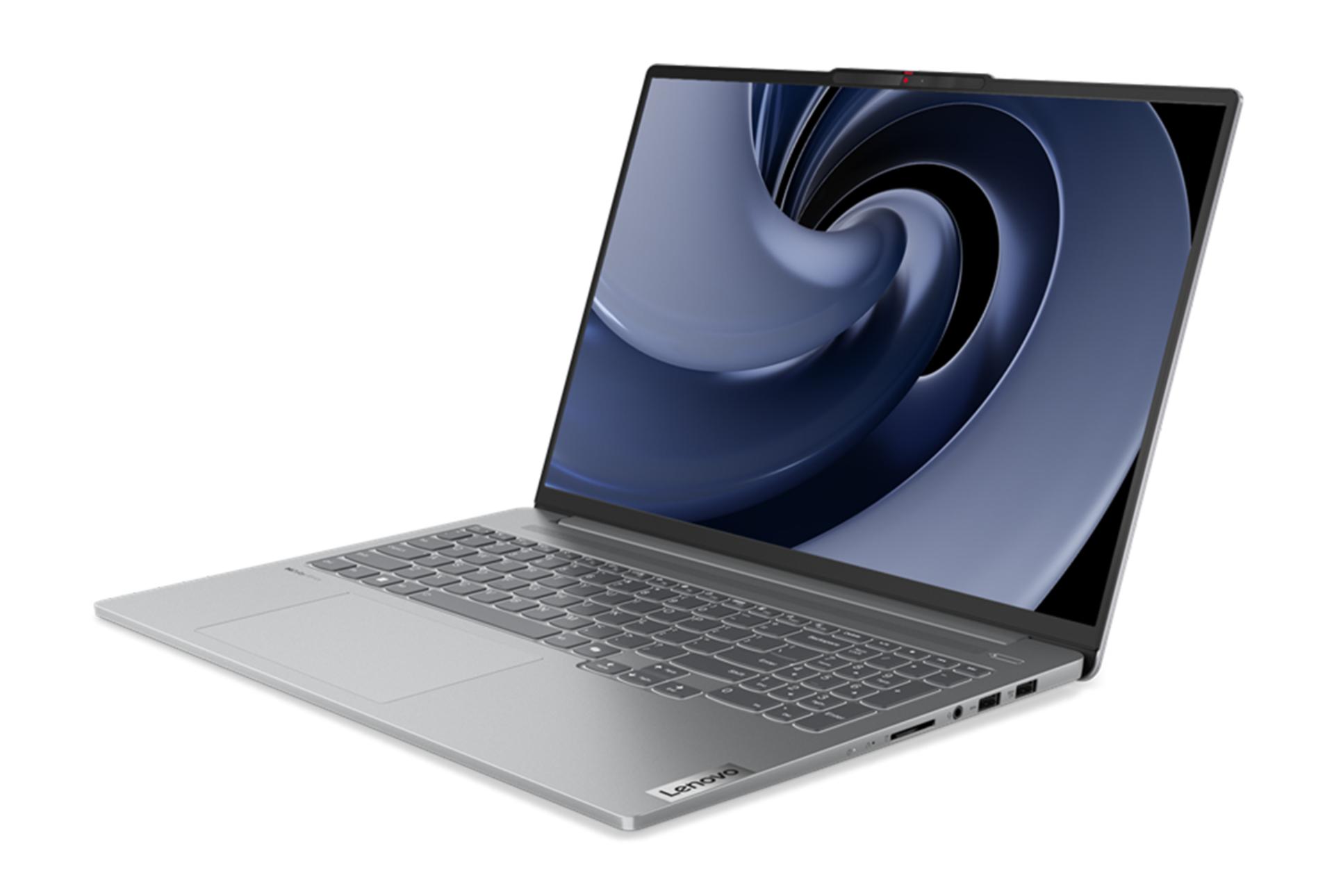 نمای نیمرخ لپ تاپ IdeaPad Pro 5 16IMH9 لنوو با نمایش لبه کیبورد و ترک پد و درگاه های لبه سمت راست