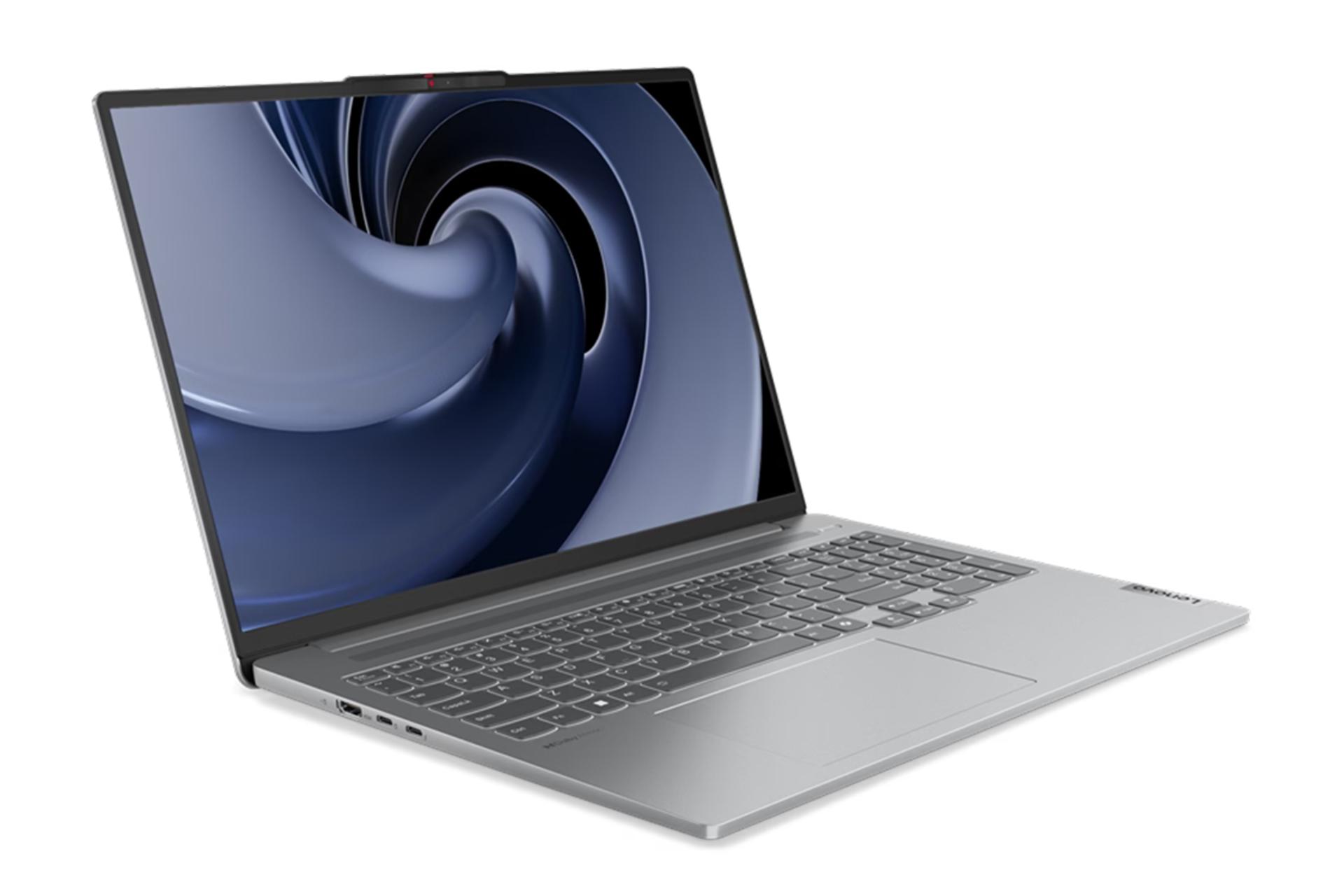 نمای نیمرخ لپ تاپ IdeaPad Pro 5 16IMH9 لنوو با نمایش لبه کیبورد و ترک پد و درگاه های لبه سمت چپ