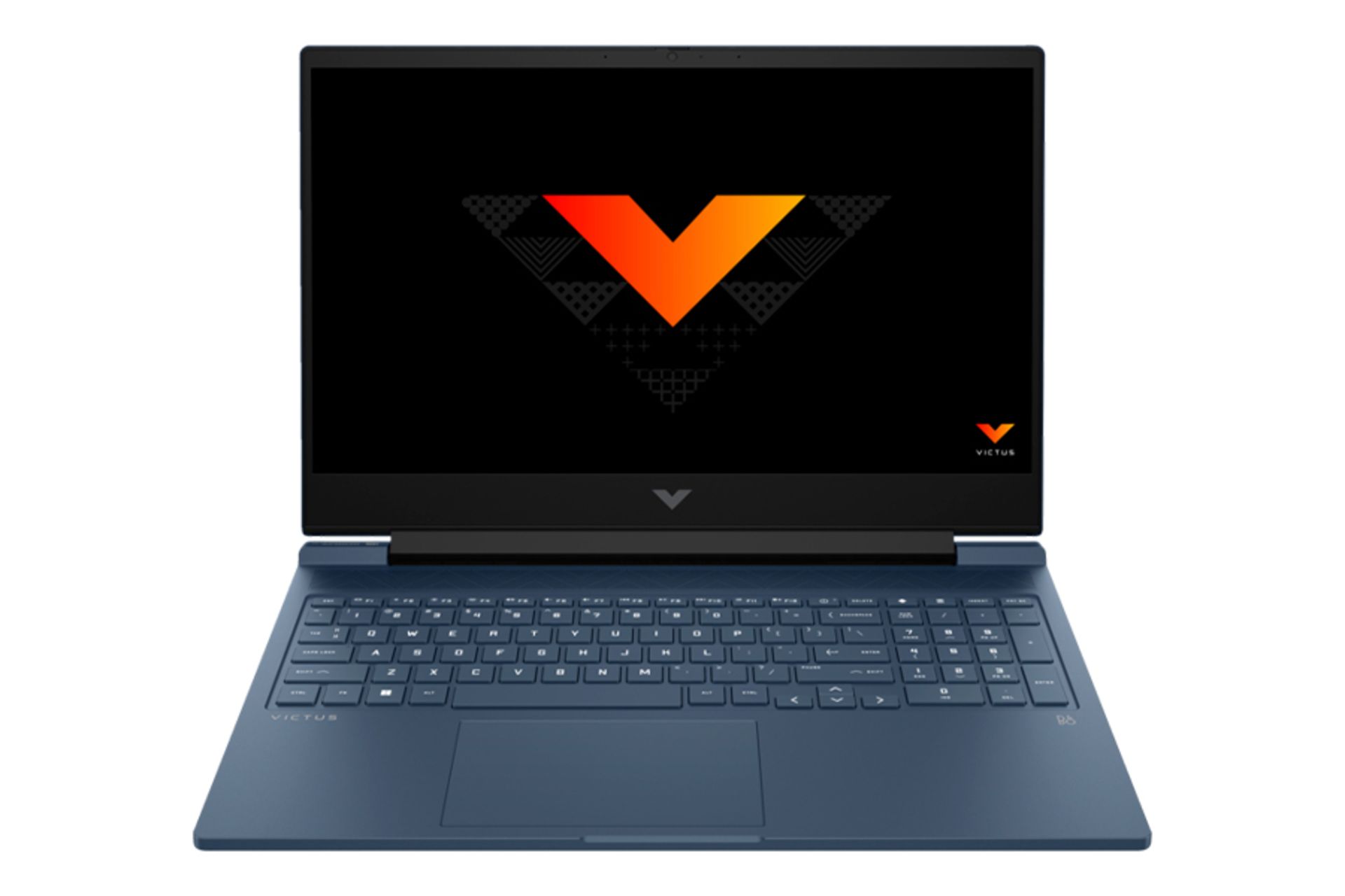 نمای رو به روی لپ تاپ Victus 16-r0046ne اچ پی با نمایشگر روشن و نمایش کیبورد و ترک‌پد
