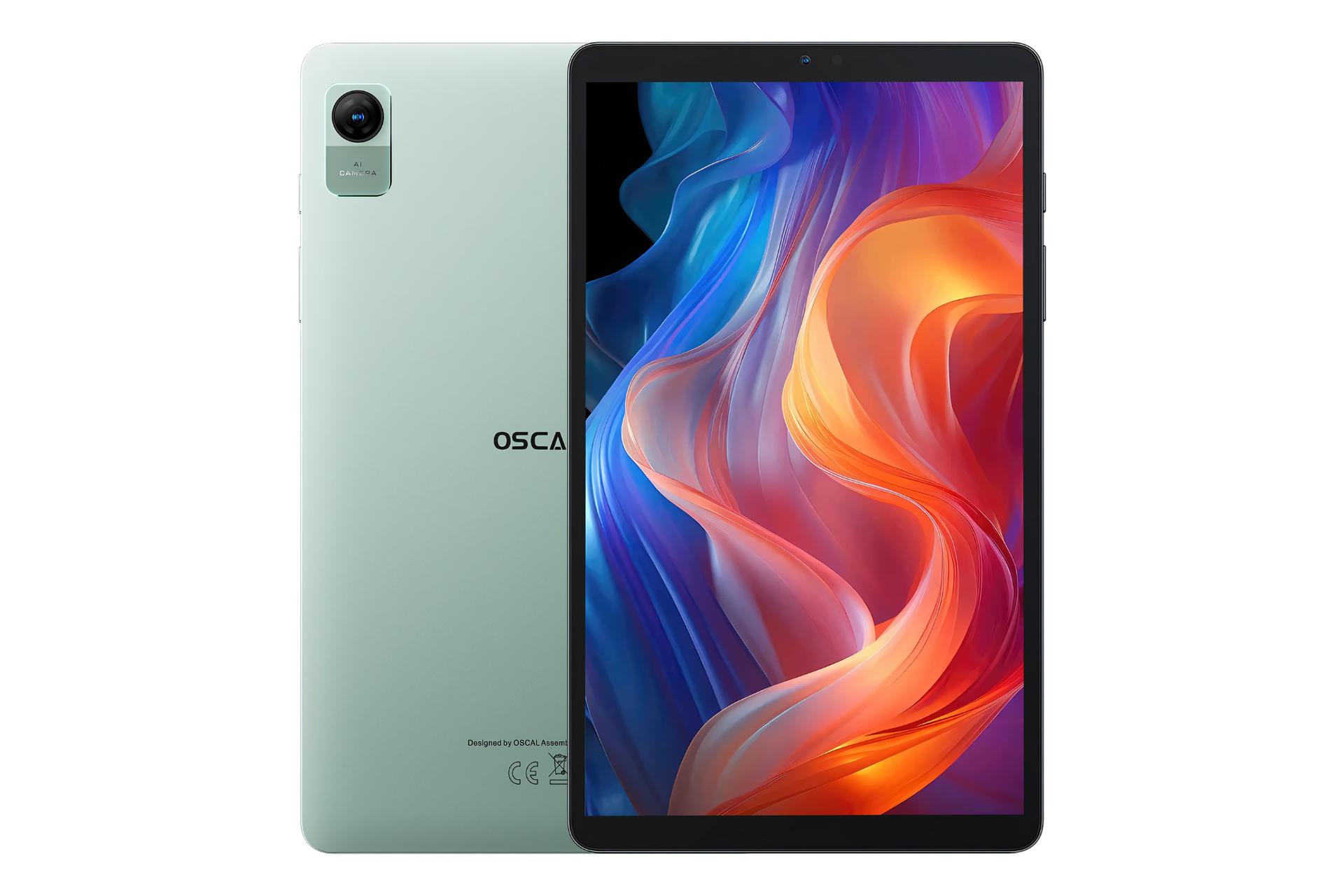نمای کلی تبلت اسکال پد 5 بلک ویو / Blackview Oscal Pad 5 با نمایشگر روشن و نمایش لوگو و دوربین پنل پشت رنگ سبز