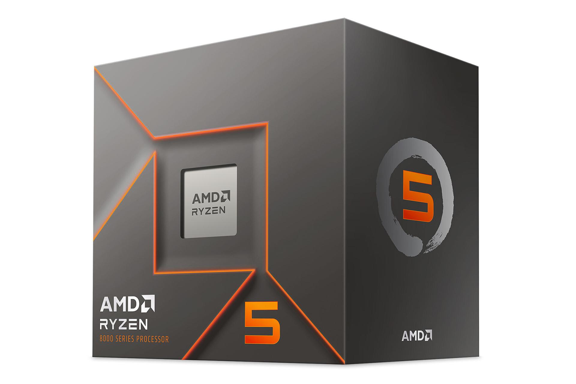 نمای نیمرخ جعبه‌ی پردازنده AMD رایزن 5 8400F با نمایش پردازنده، لوگو و نمای سمت راست جعبه