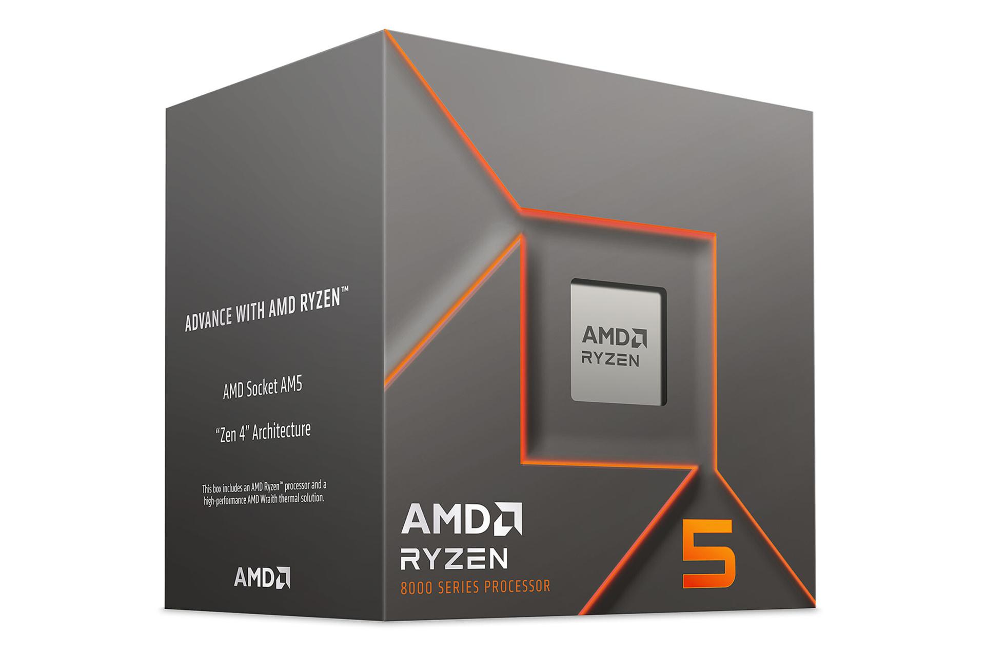 نمای نیمرخ جعبه‌ی پردازنده AMD رایزن 5 8400F با نمایش پردازنده، لوگو و نمای سمت چپ جعبه