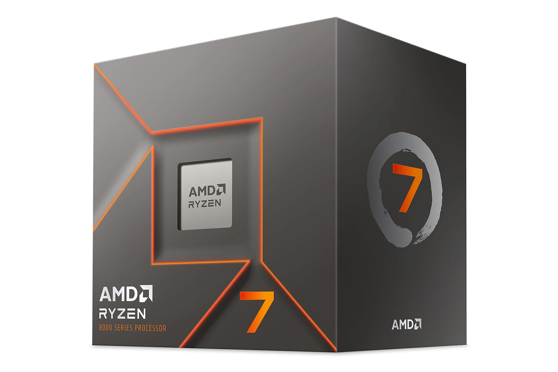 نمای نیمرخ جعبه‌ی پردازنده AMD رایزن 7 سری 8000 با نمایش پردازنده، لوگو و نمای سمت راست جعبه