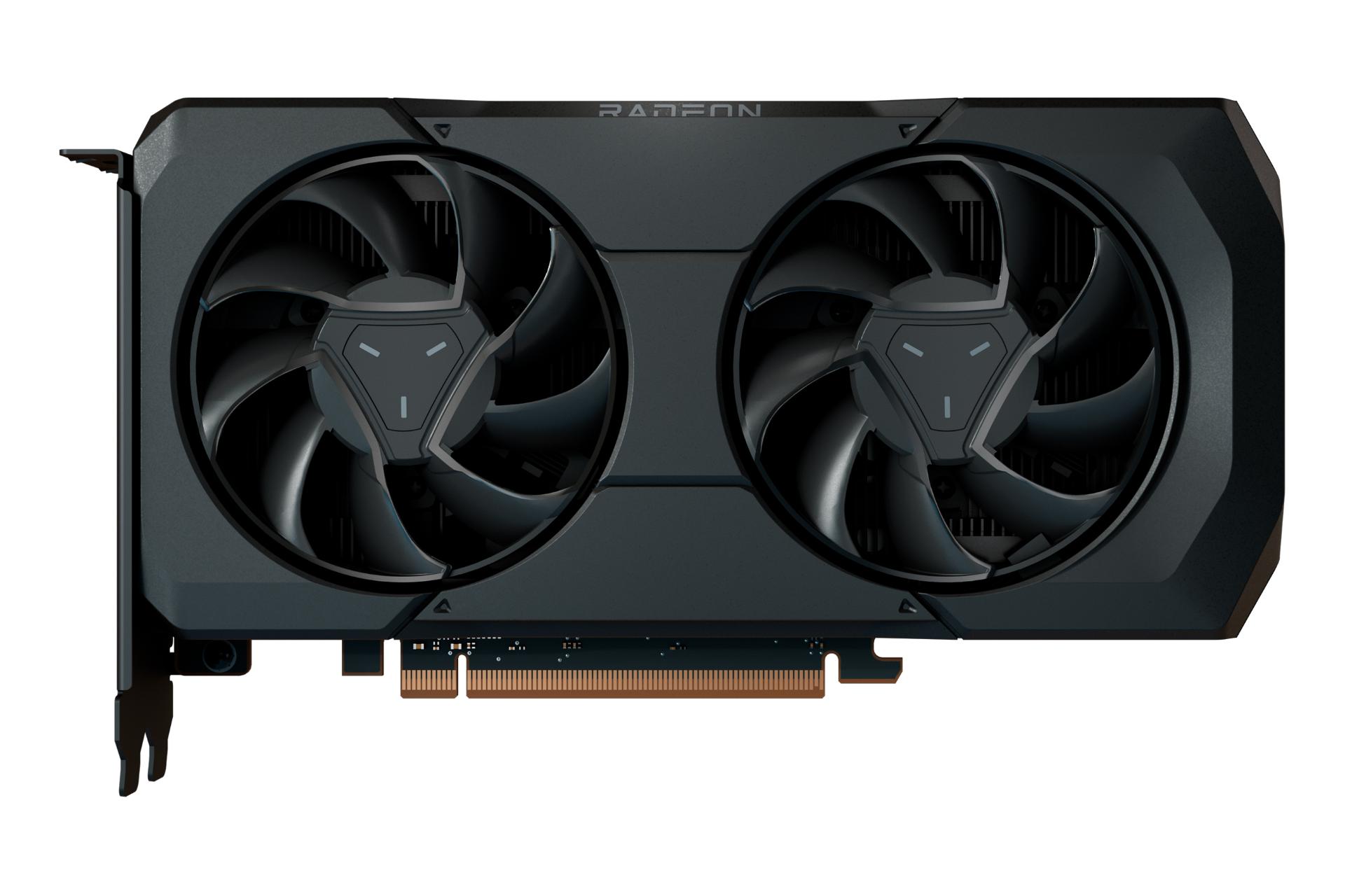 مرجع متخصصين ايران نماي روبه‌روي كارت گرافيك AMD رادئون RX 7600 XT با نمايش فن‌ها، لوگو و كانكتور PCI-Express